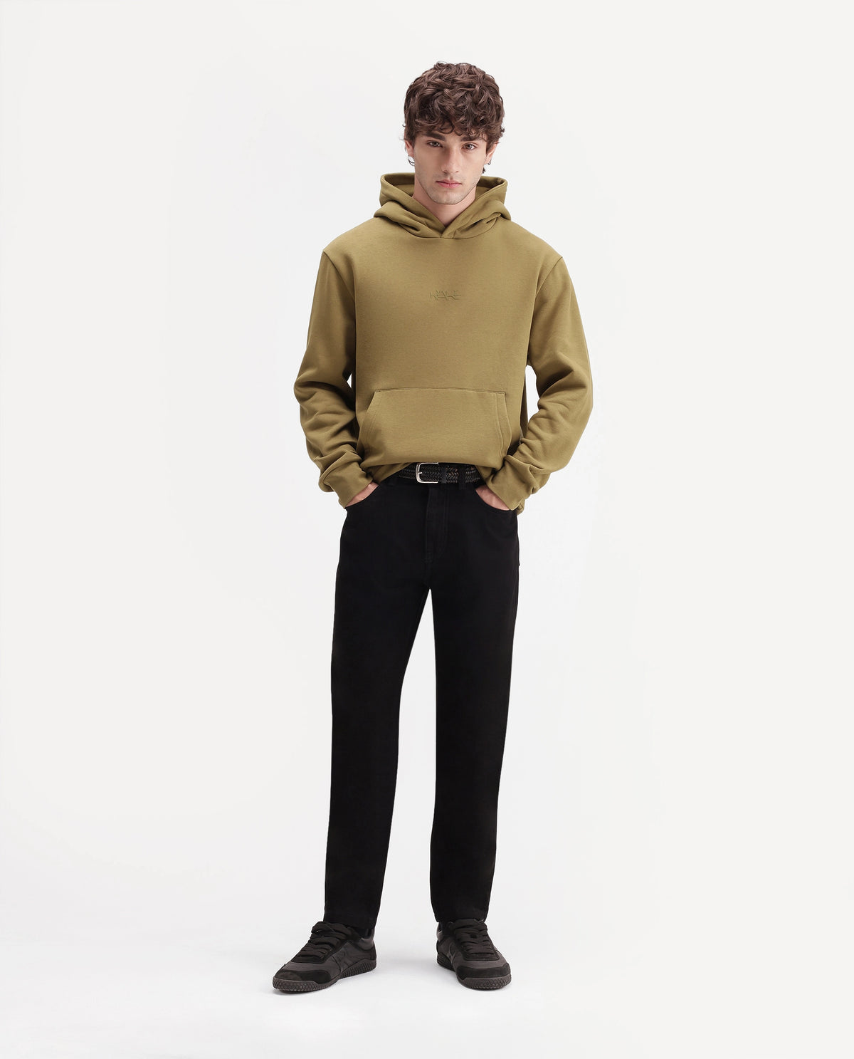 Rare Rabbit Men's Kore S Dusky Mustard Cotton Blend Hooded Regular Plain Sweatshirt