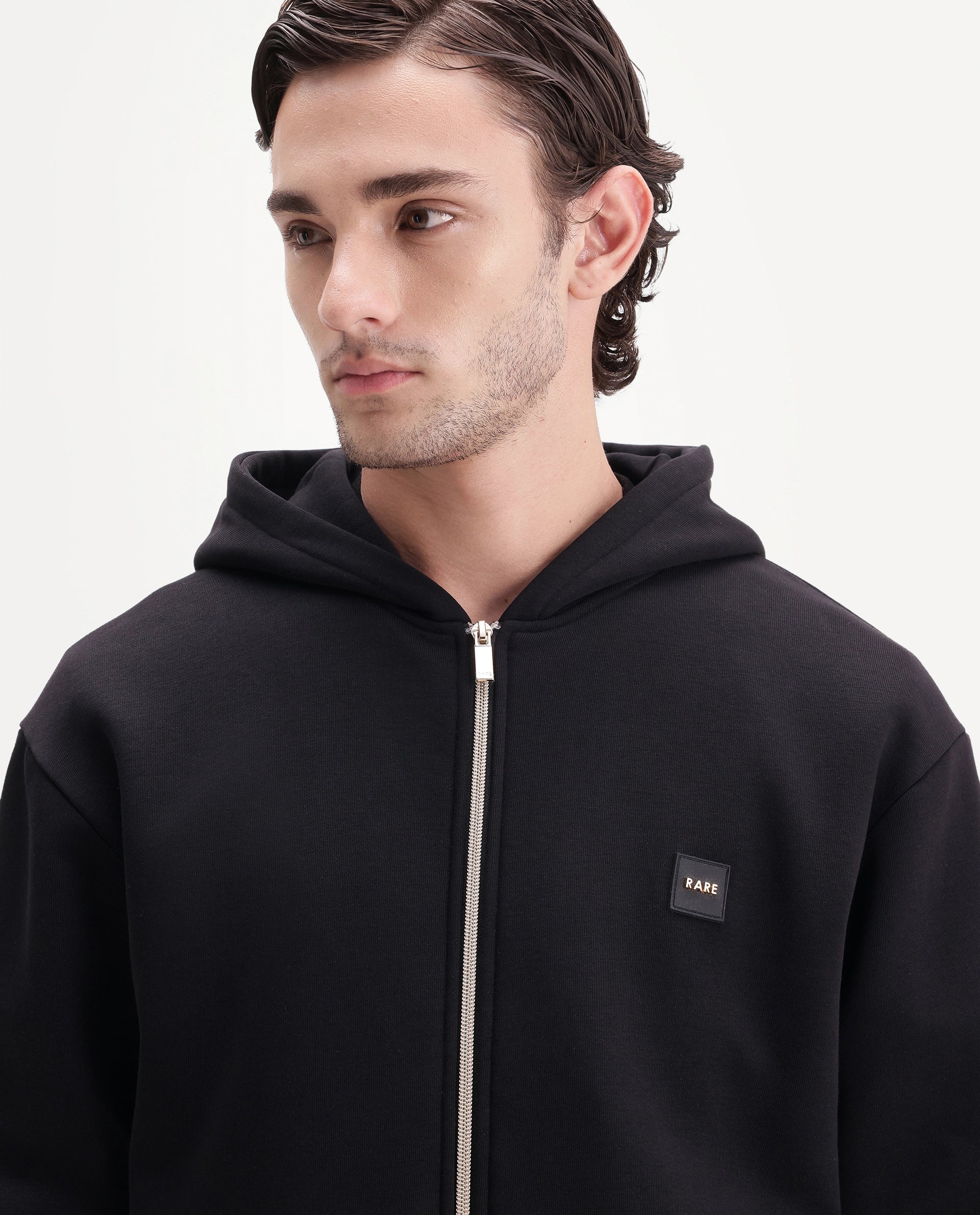 Rare Rabbit Men's Anderson-A26 Primary Black Cotton Blend Hooded Zipper Regular Plain Sweatshirt