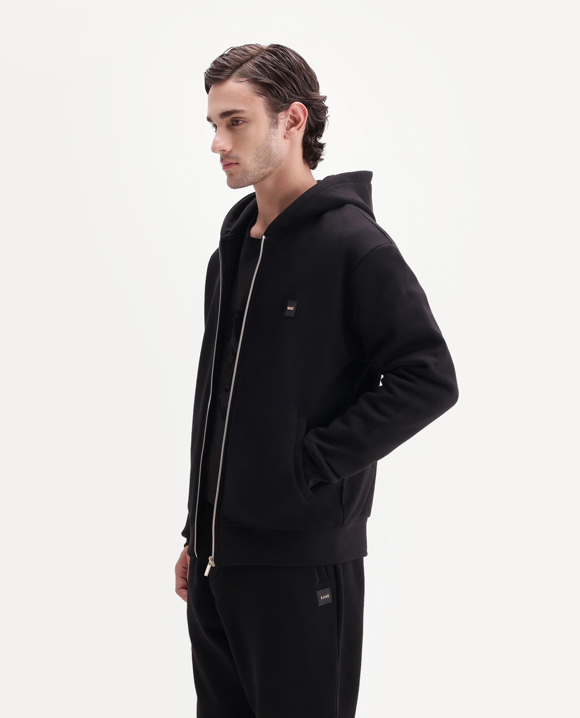 Rare Rabbit Men's Anderson-A26 Primary Black Cotton Blend Hooded Zipper Regular Plain Sweatshirt