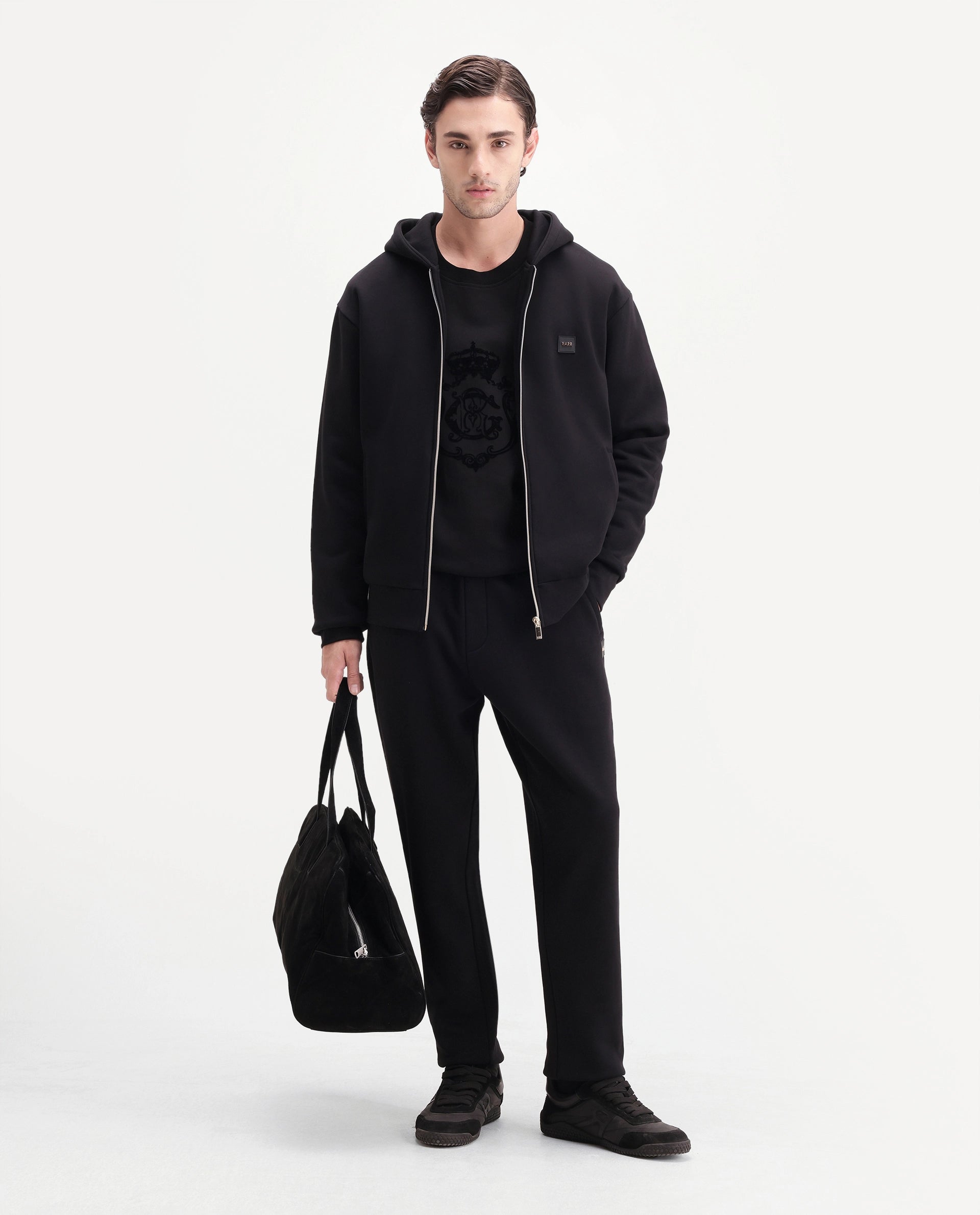 Rare Rabbit Men's Anderson-A26 Primary Black Cotton Blend Hooded Zipper Regular Plain Sweatshirt