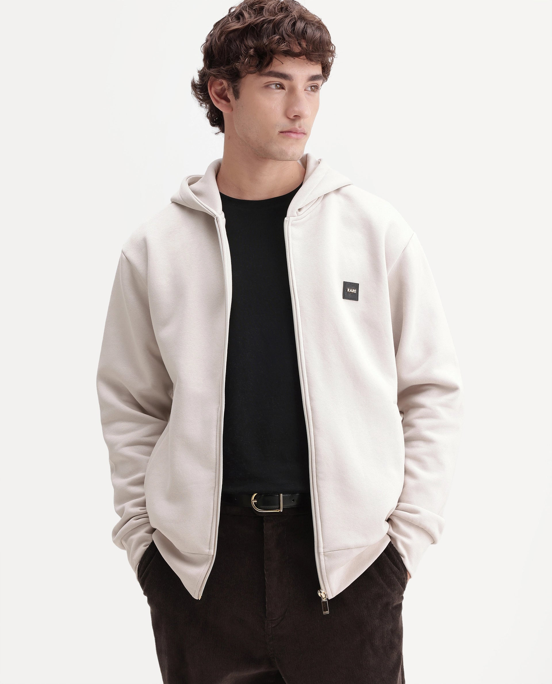 Rare Rabbit Men's Anderson-A26 Primary Off White Cotton Blend Hooded Zipper Regular Plain Sweatshirt