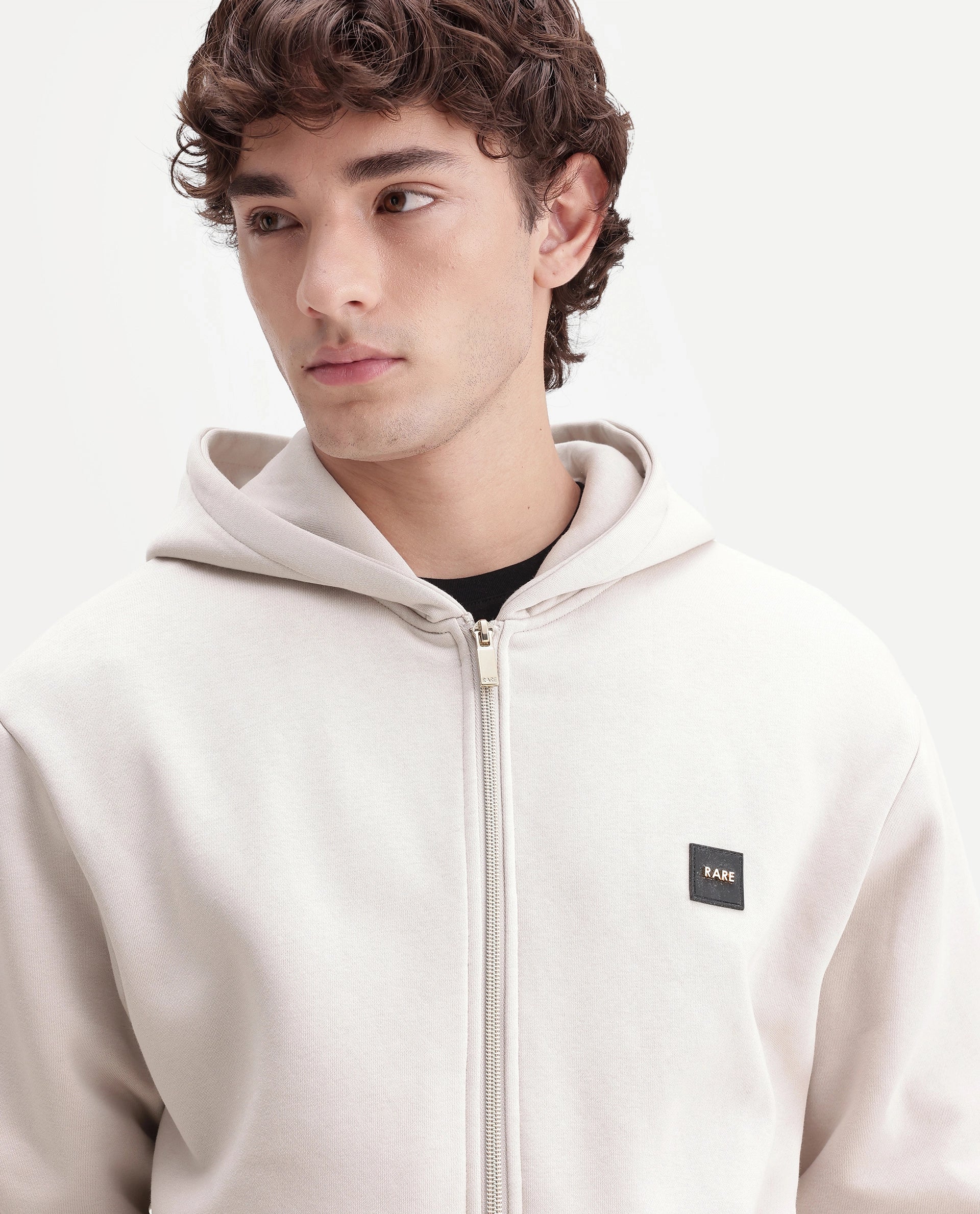 Rare Rabbit Men's Anderson-A26 Primary Off White Cotton Blend Hooded Zipper Regular Plain Sweatshirt