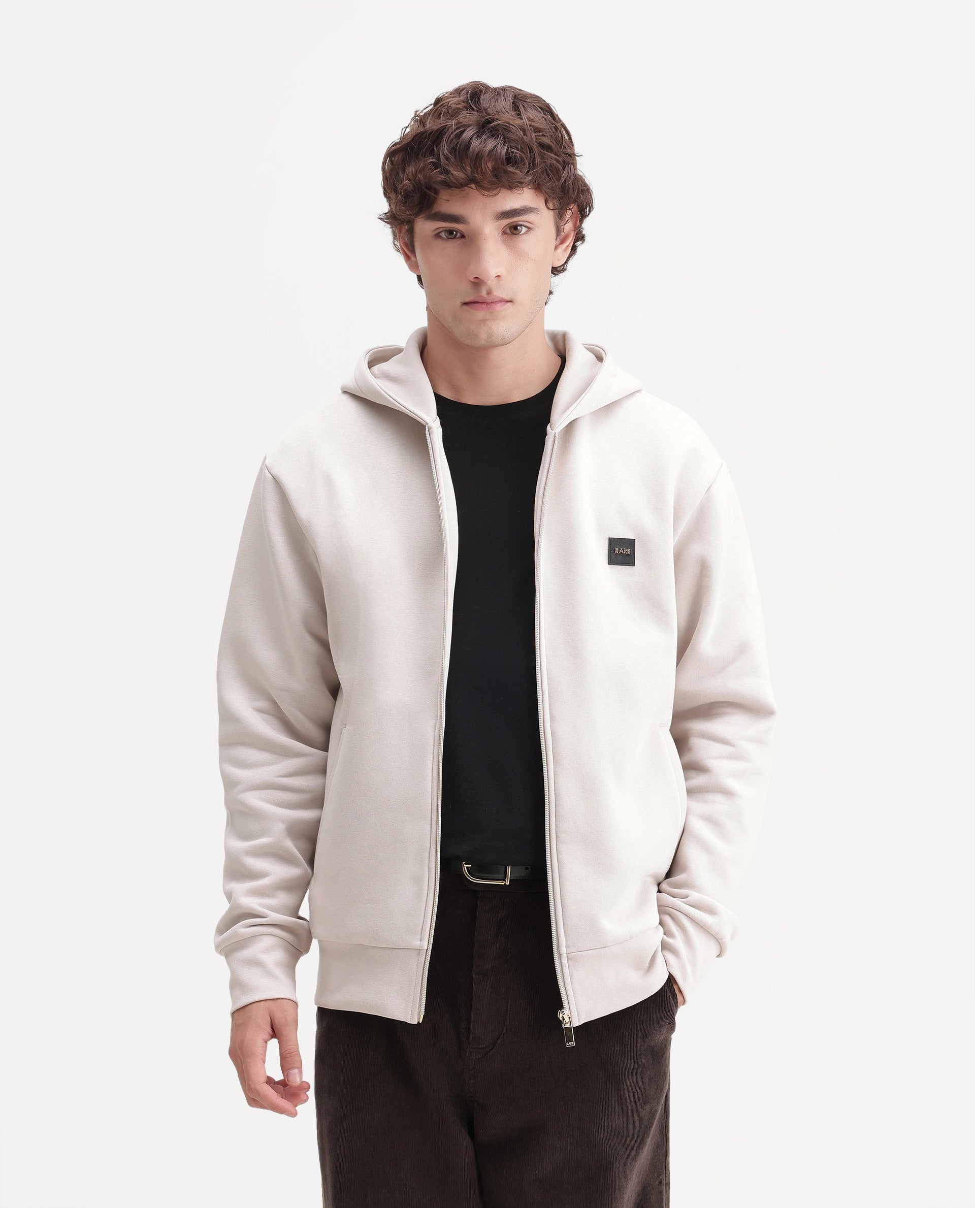 Rare Rabbit Men's Anderson-A26 Primary Off White Cotton Blend Hooded Zipper Regular Plain Sweatshirt