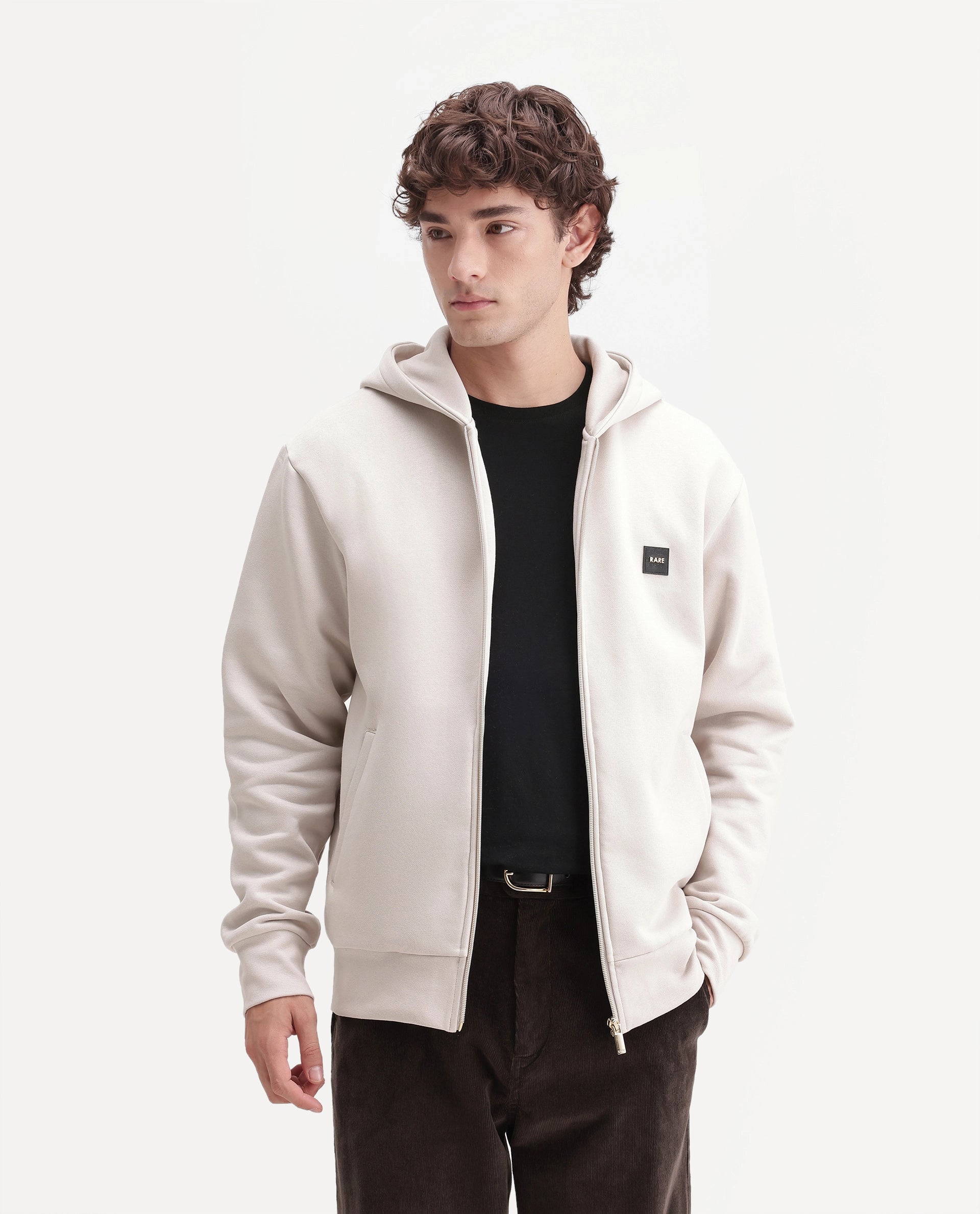 Rare Rabbit Men's Anderson-A26 Primary Off White Cotton Blend Hooded Zipper Regular Plain Sweatshirt