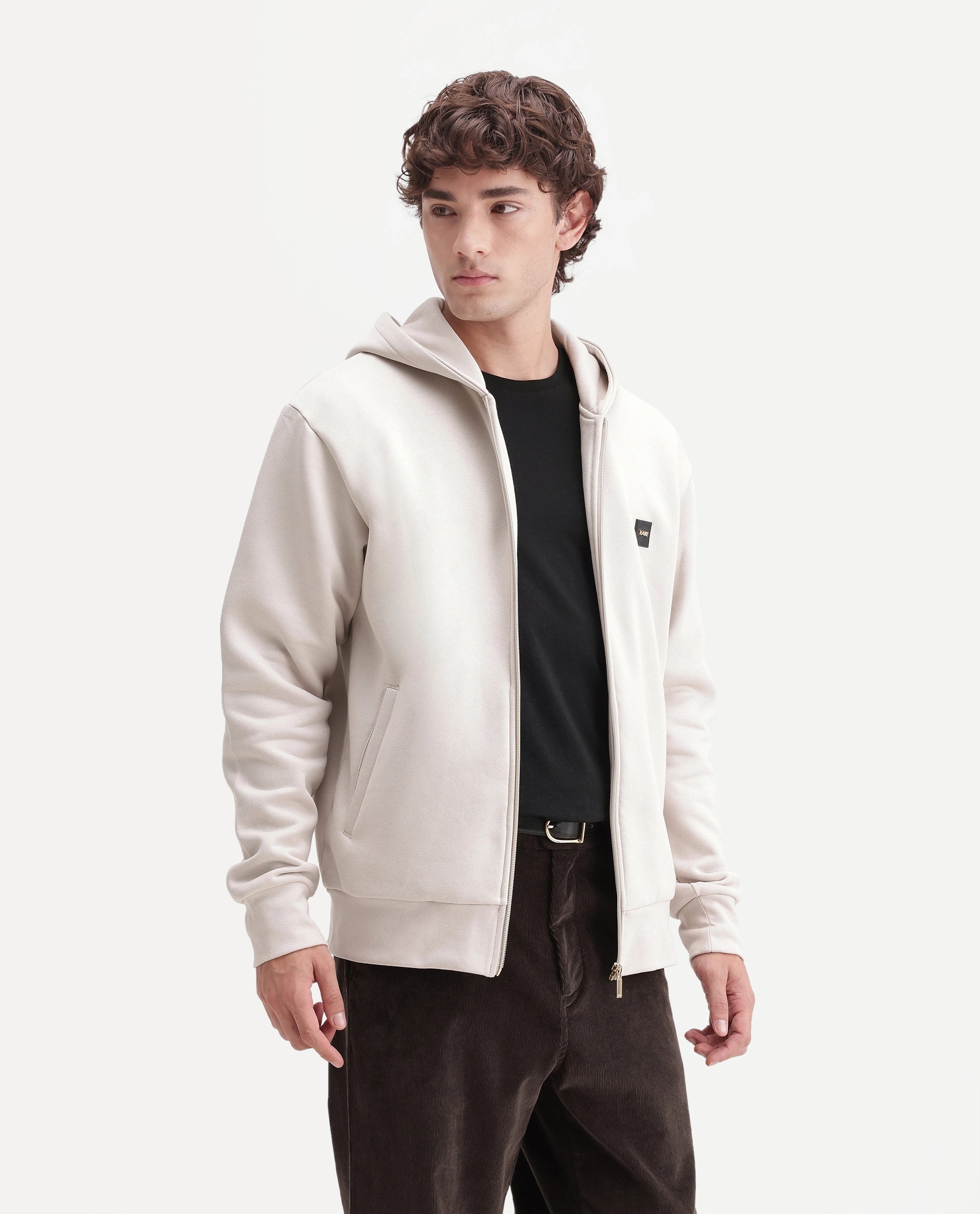 Rare Rabbit Men's Anderson-A26 Primary Off White Cotton Blend Hooded Zipper Regular Plain Sweatshirt