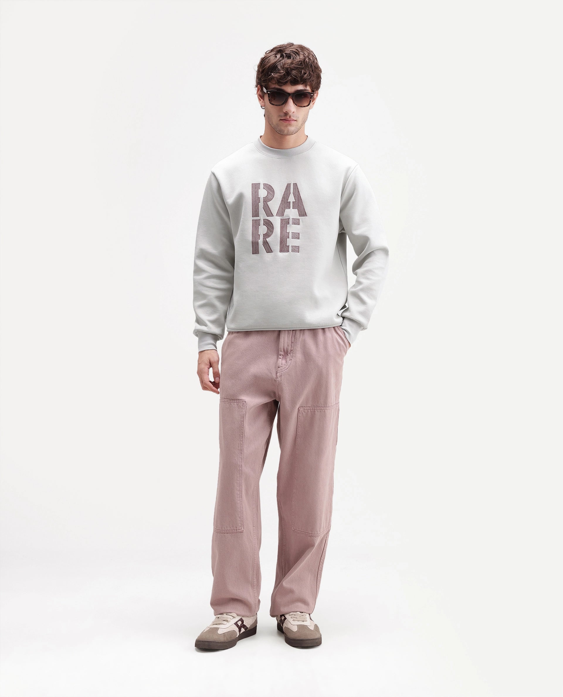 Rare Rabbit Men's Bazo Dusky Grey Cotton Blend Crew Neck Regular Embroidered Sweatshirt