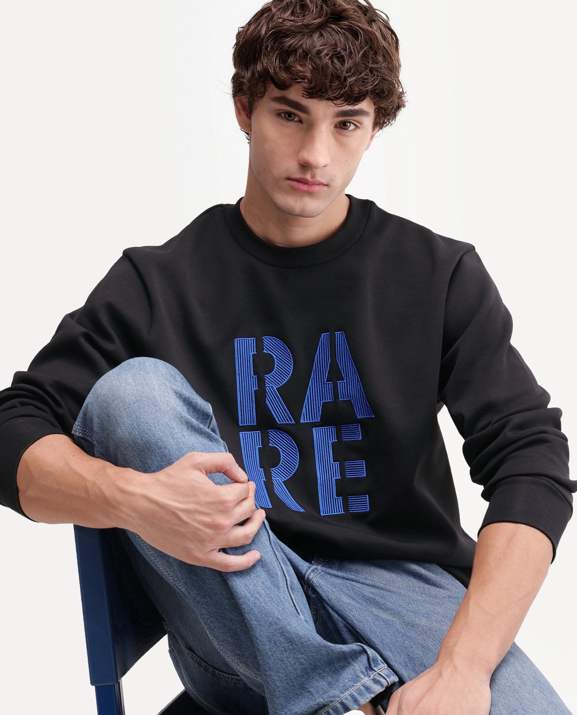 Rare Rabbit Men's Bazo Primary Black Cotton Blend Crew Neck Regular Embroidered Sweatshirt