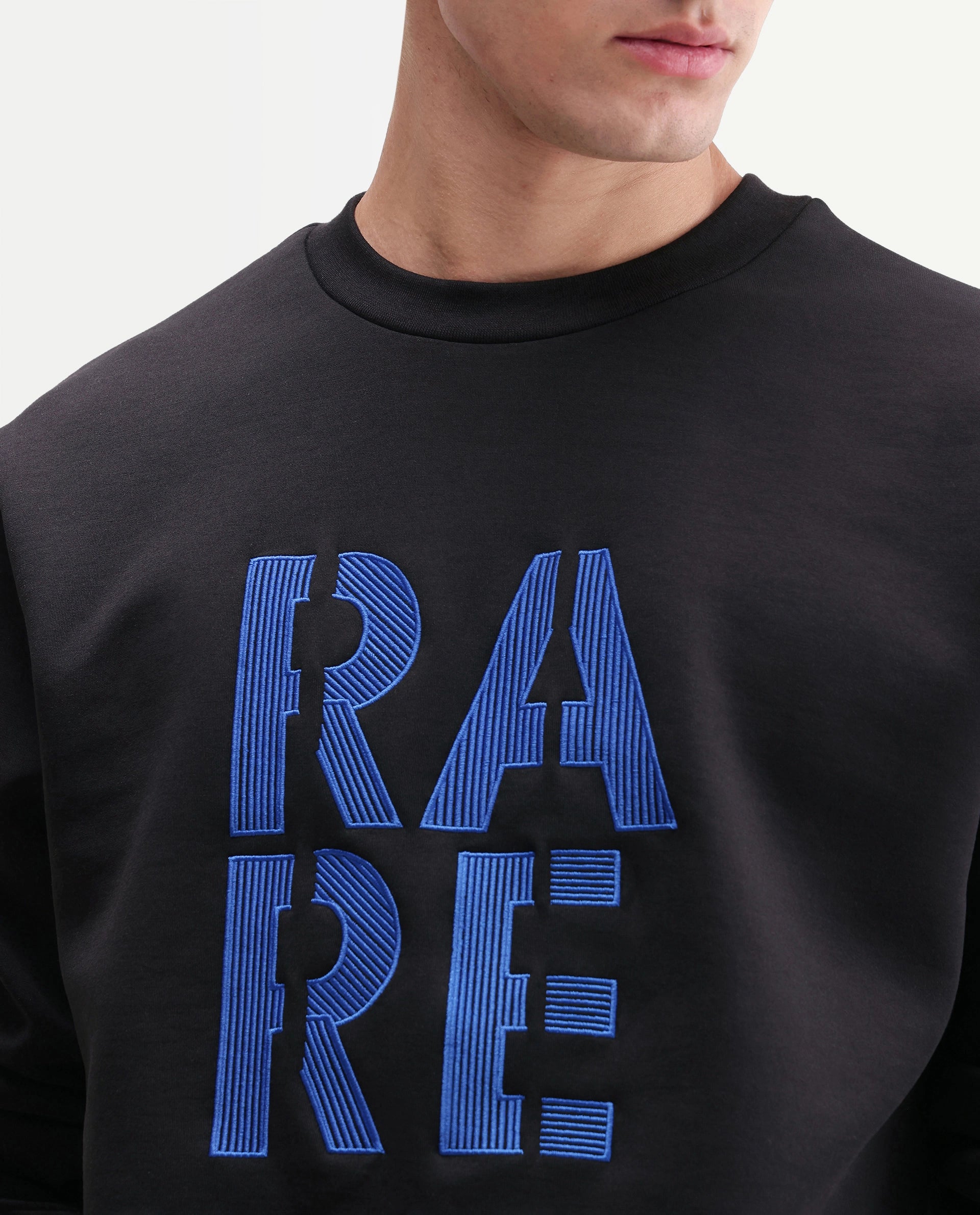 Rare Rabbit Men's Bazo Primary Black Cotton Blend Crew Neck Regular Embroidered Sweatshirt