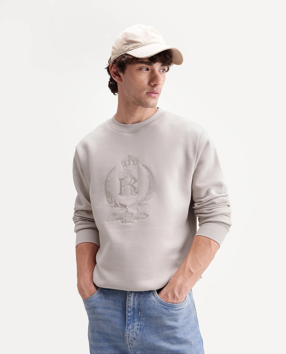 Rare Rabbit Men's Break Primary Beige Cotton Blend Crew Neck Regular Embroidered Sweatshirt
