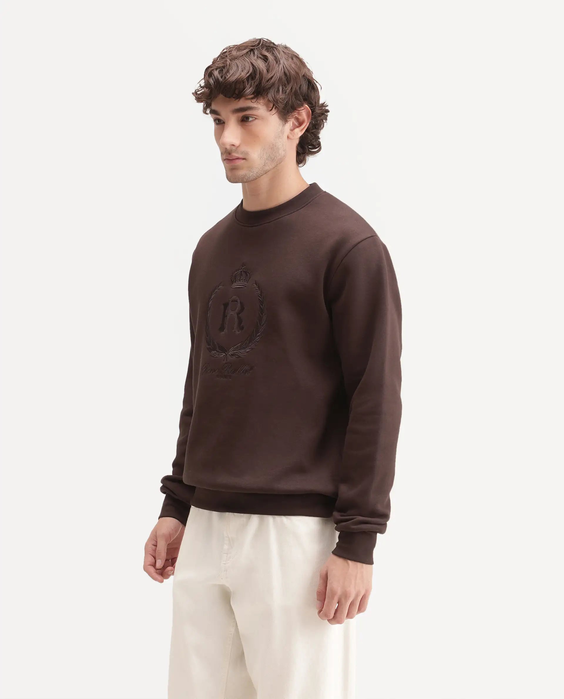 Rare Rabbit Men's Break Primary Brown Cotton Blend Crew Neck Regular Embroidered Sweatshirt