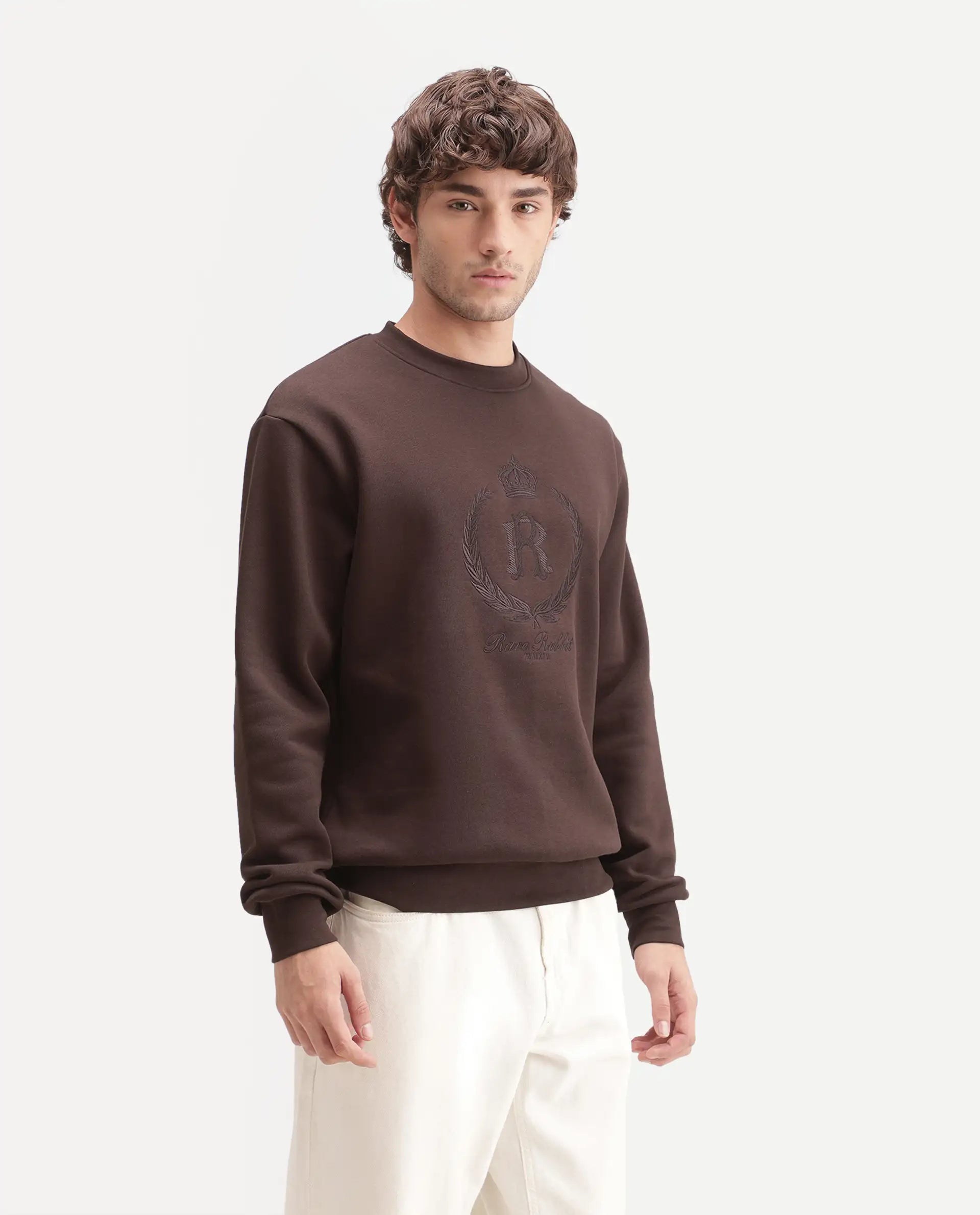 Rare Rabbit Men's Break Primary Brown Cotton Blend Crew Neck Regular Embroidered Sweatshirt