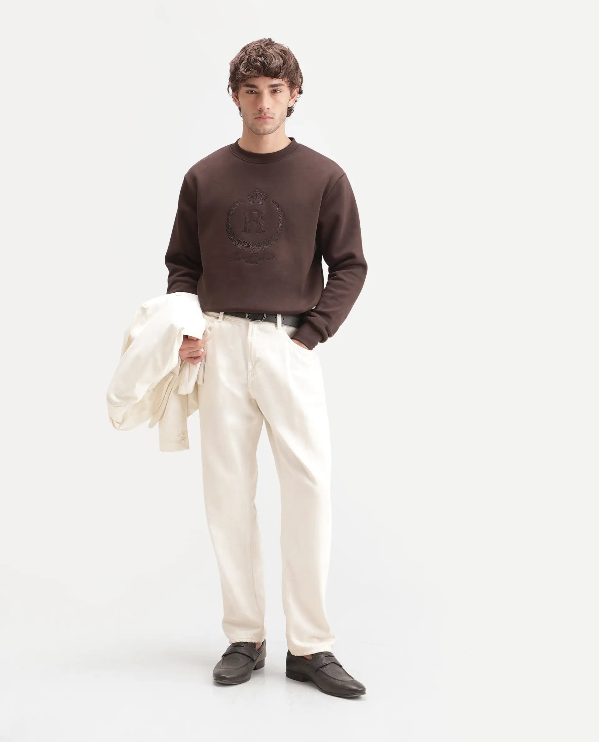 Rare Rabbit Men's Break Primary Brown Cotton Blend Crew Neck Regular Embroidered Sweatshirt