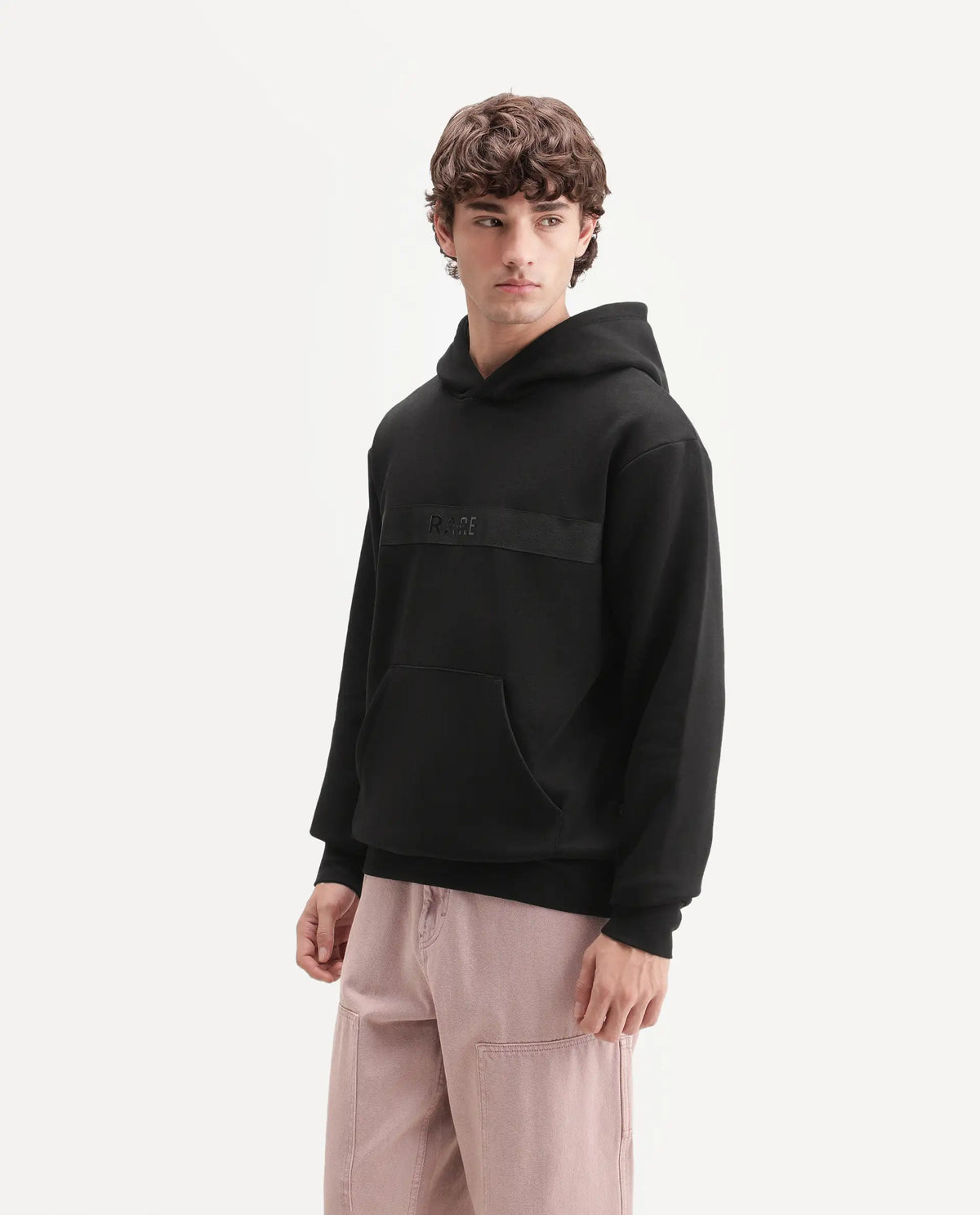 Rare Rabbit Men's Brun Primary Black Cotton Blend Hooded Regular Plain Sweatshirt