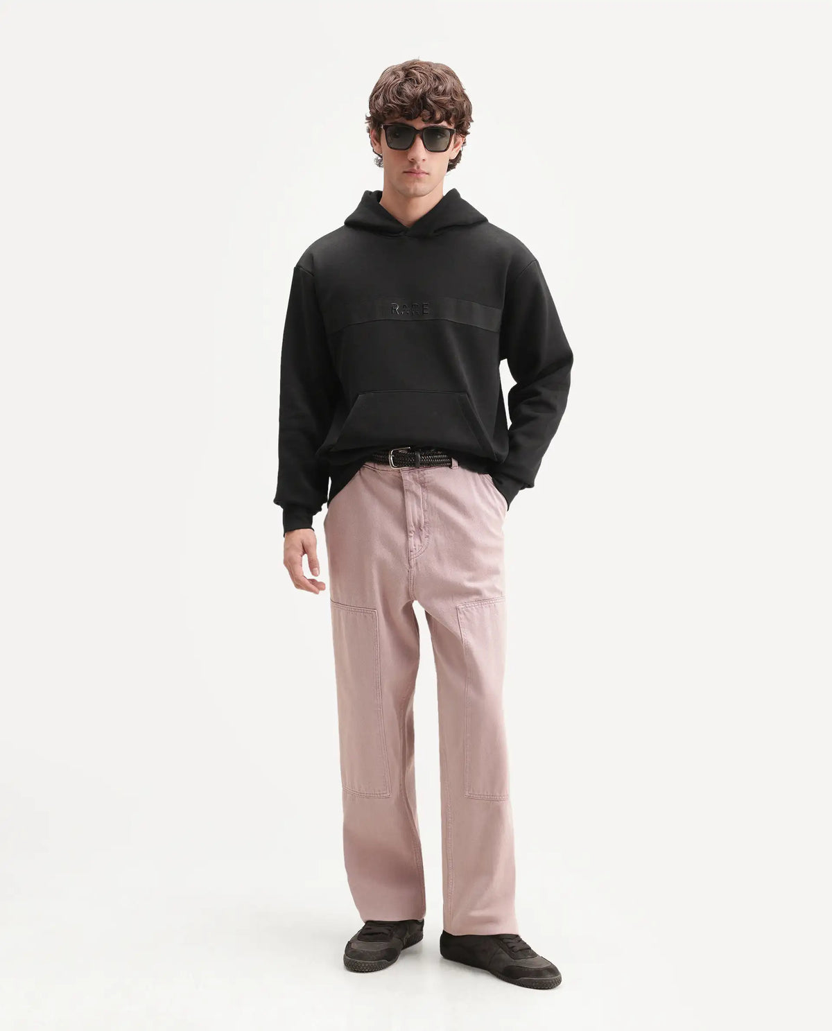 Rare Rabbit Men's Brun Primary Black Cotton Blend Hooded Regular Plain Sweatshirt