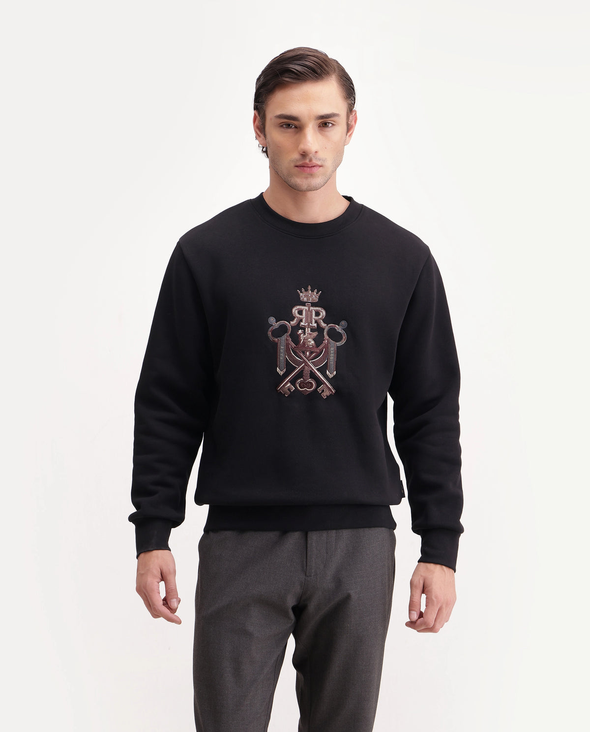 Rare Rabbit Men's Cret Primary Black Cotton Blend Crew Neck Regular Graphic Print Sweatshirt