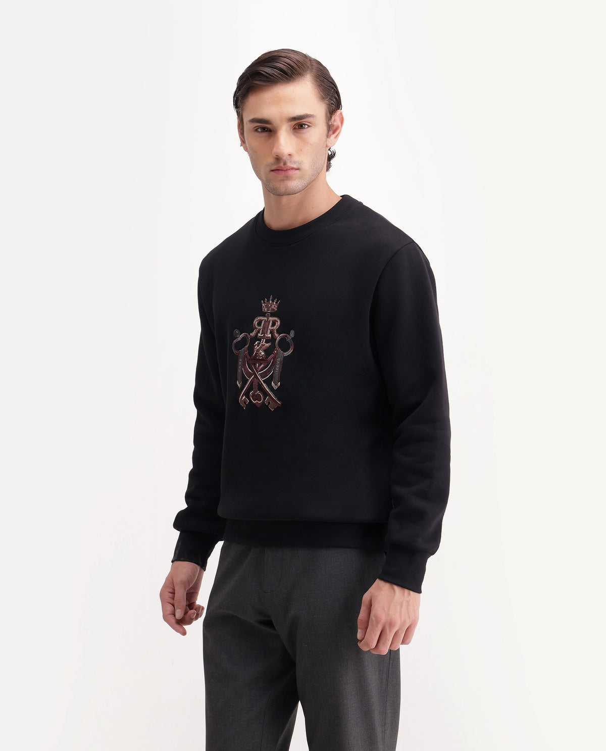 Rare Rabbit Men's Cret Primary Black Cotton Blend Crew Neck Regular Graphic Print Sweatshirt