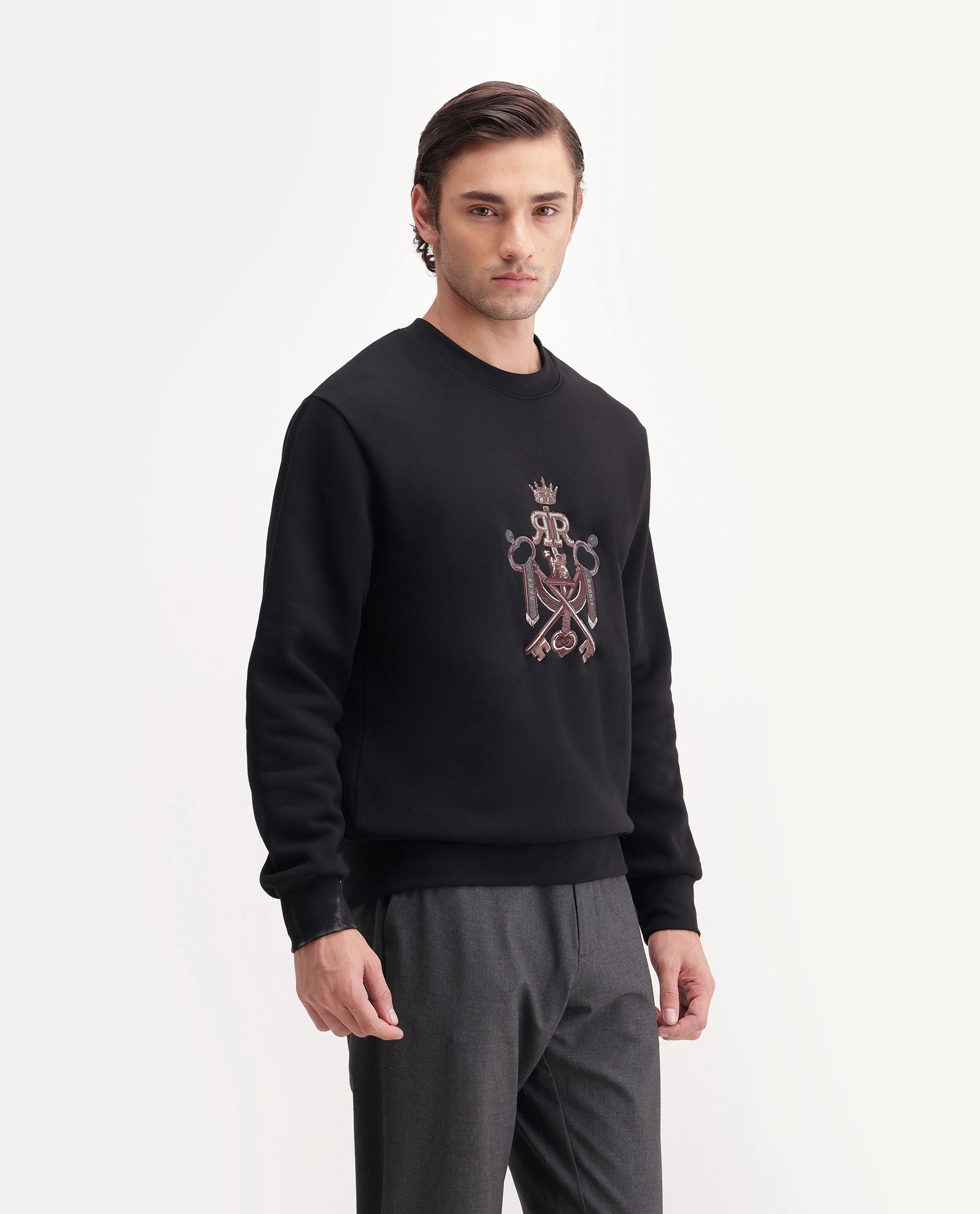 Rare Rabbit Men's Cret Primary Black Cotton Blend Crew Neck Regular Graphic Print Sweatshirt