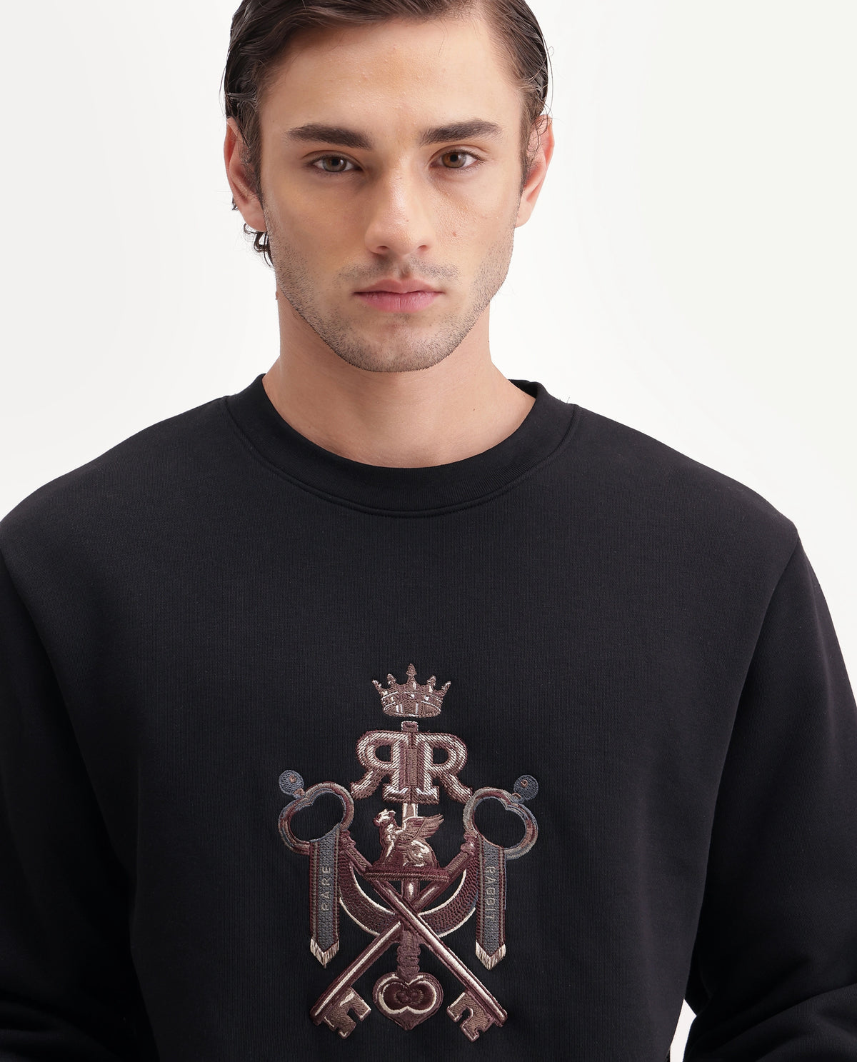 Rare Rabbit Men's Cret Primary Black Cotton Blend Crew Neck Regular Graphic Print Sweatshirt