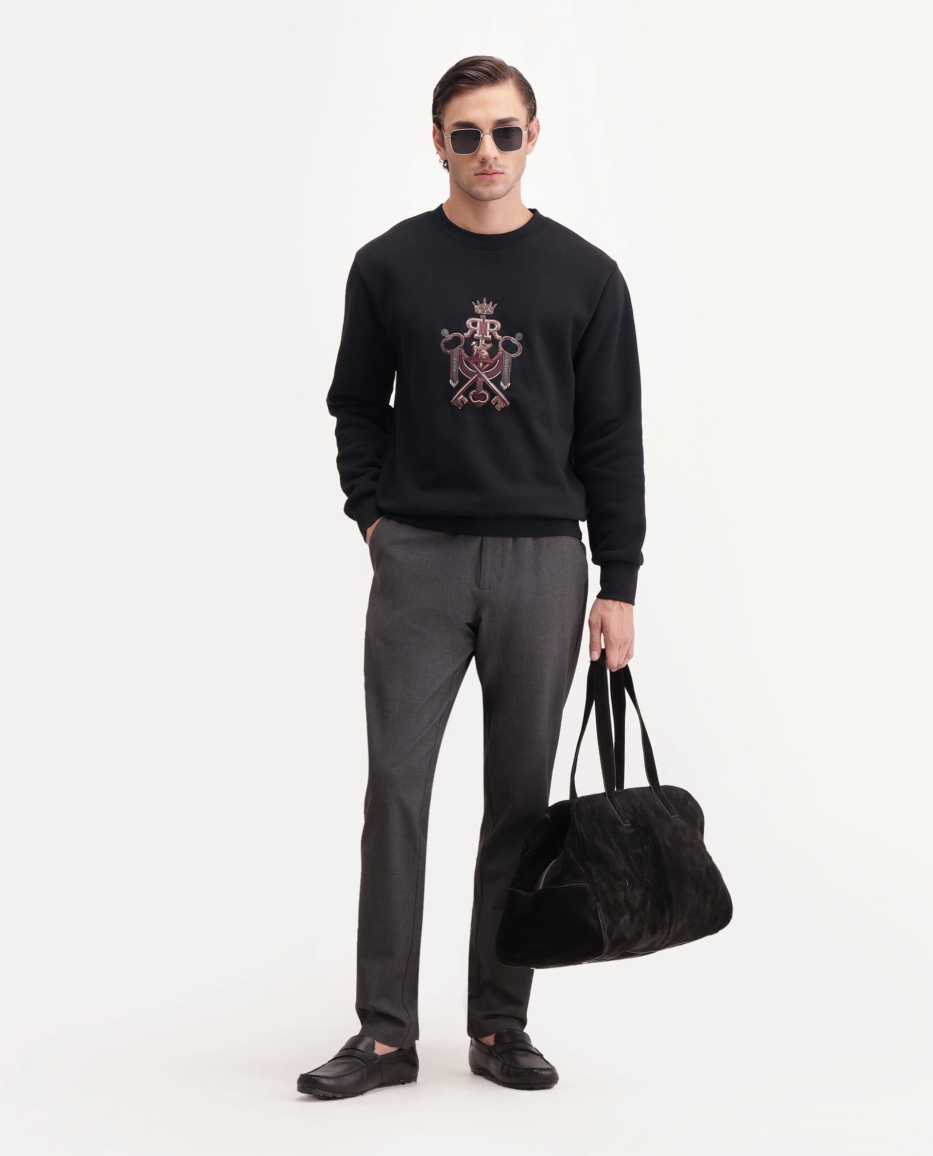 Rare Rabbit Men's Cret Primary Black Cotton Blend Crew Neck Regular Graphic Print Sweatshirt