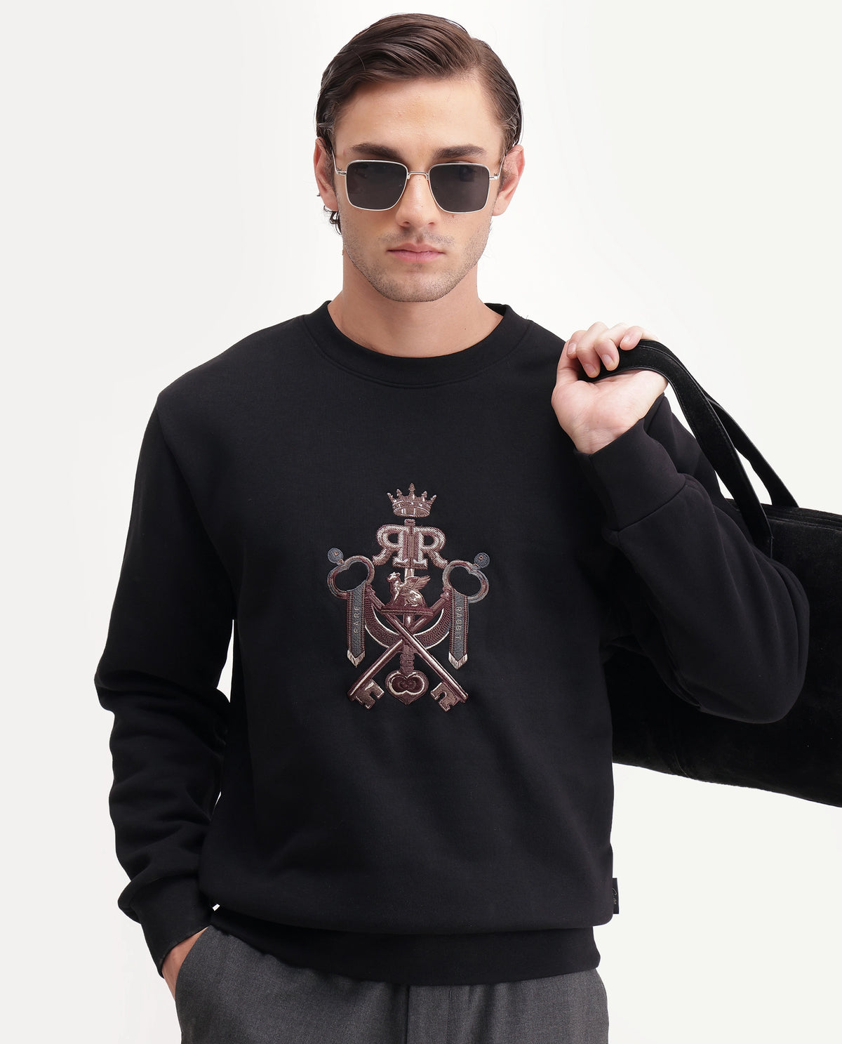 Rare Rabbit Men's Cret Primary Black Cotton Blend Crew Neck Regular Graphic Print Sweatshirt