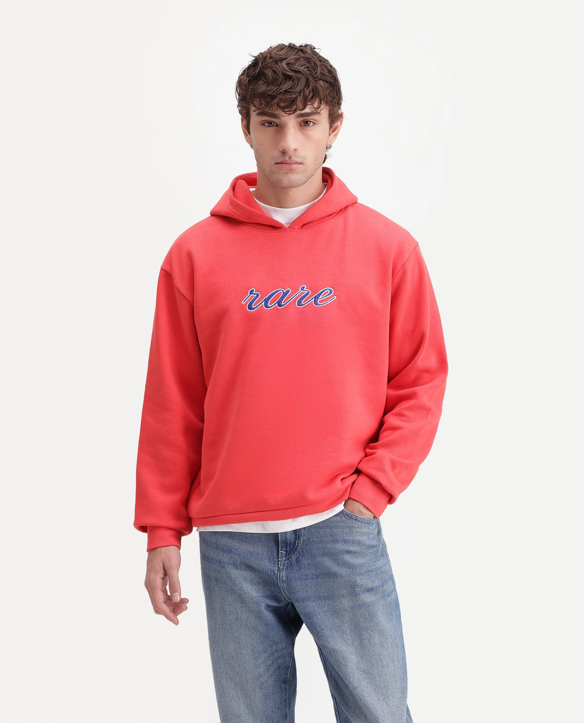 Rare Rabbit Men's Kiay Primary Red Cotton Blend Hooded Regular Embroidered Sweatshirt