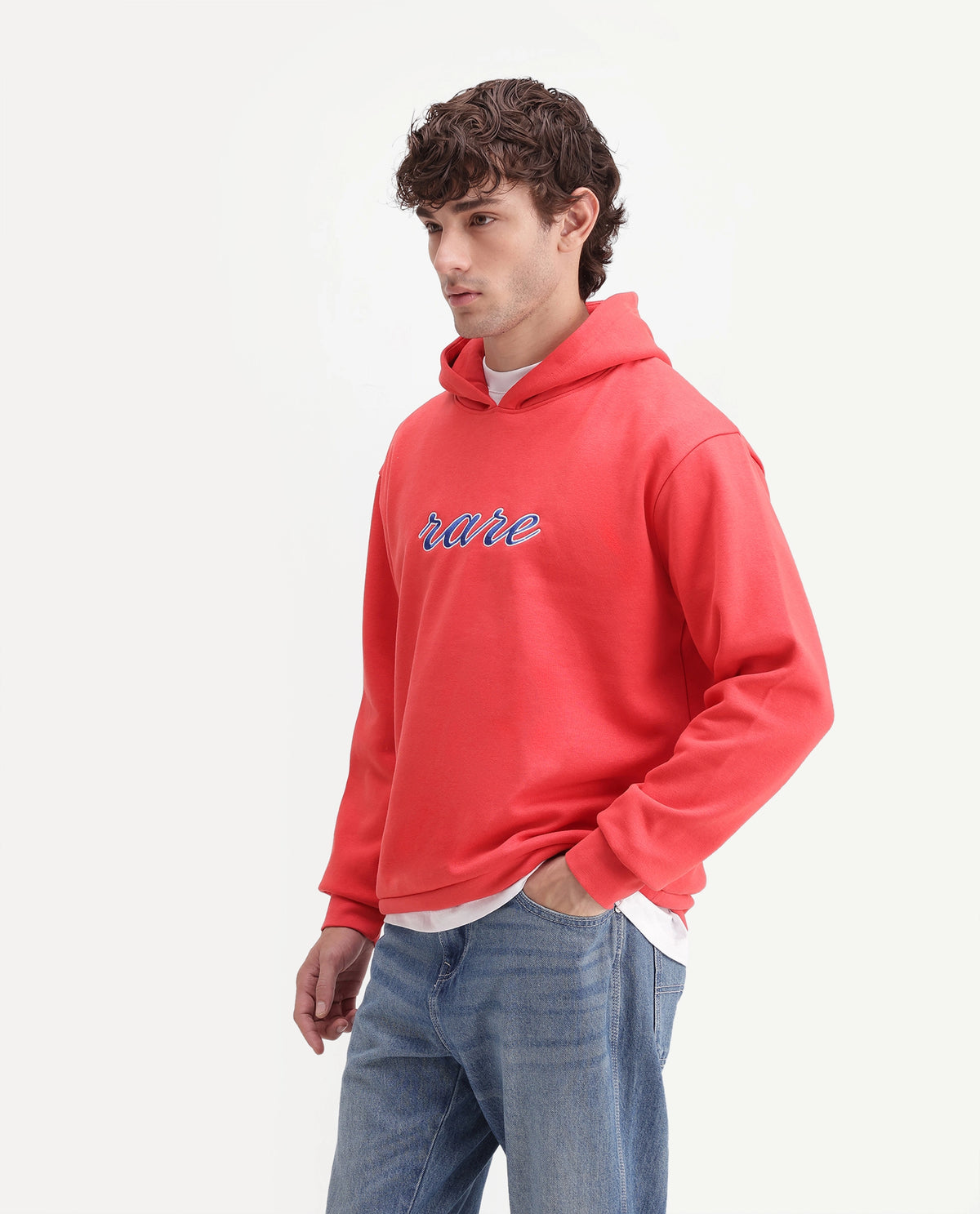 Rare Rabbit Men's Kiay Primary Red Cotton Blend Hooded Regular Embroidered Sweatshirt