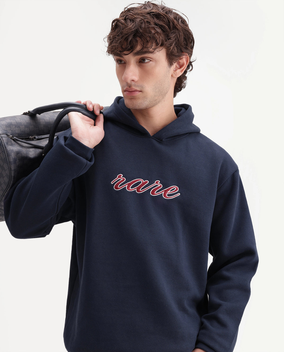 Rare Rabbit Men's Kiay Primary Navy Cotton Blend Hooded Regular Embroidered Sweatshirt
