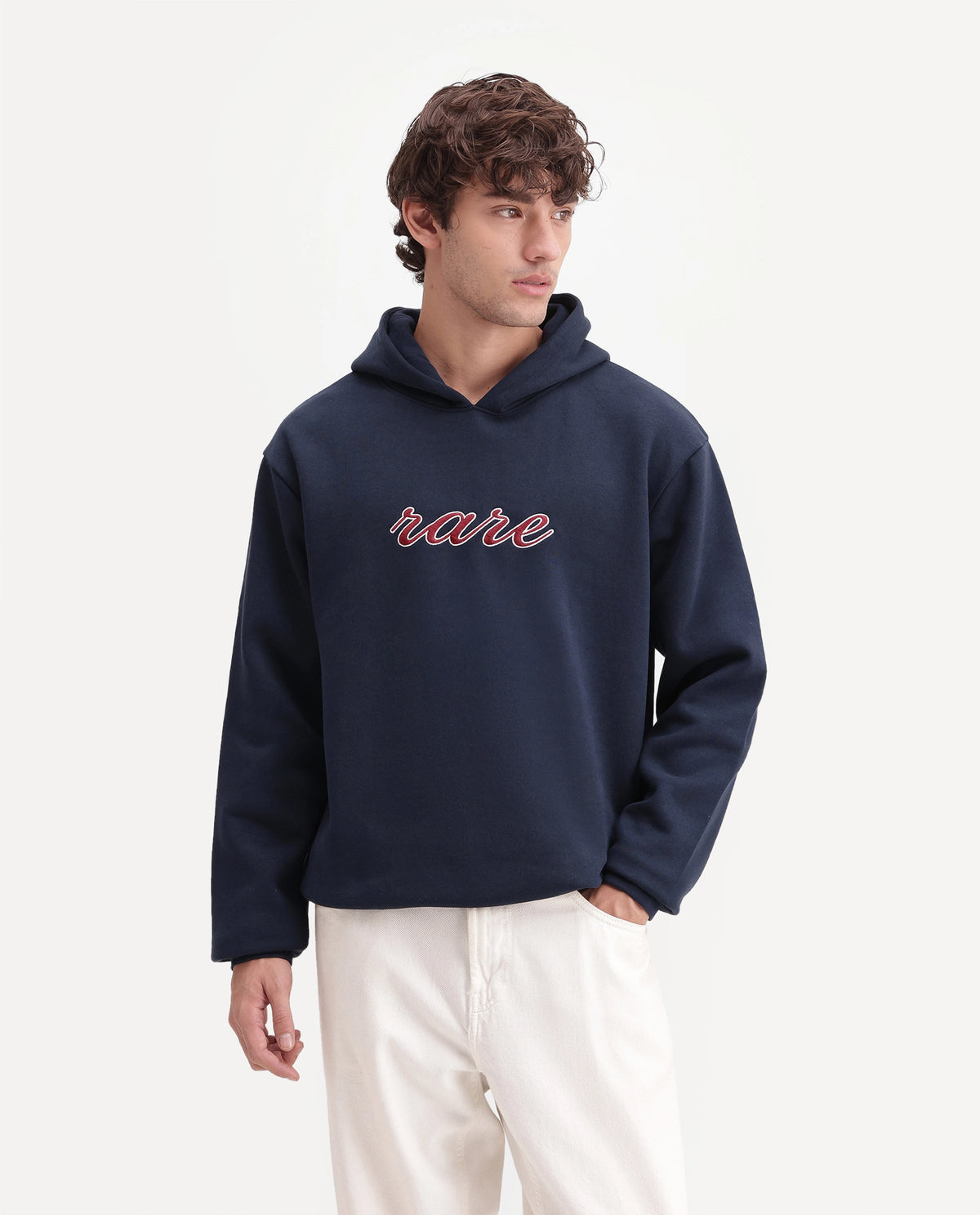 Rare Rabbit Men's Kiay Primary Navy Cotton Blend Hooded Regular Embroidered Sweatshirt