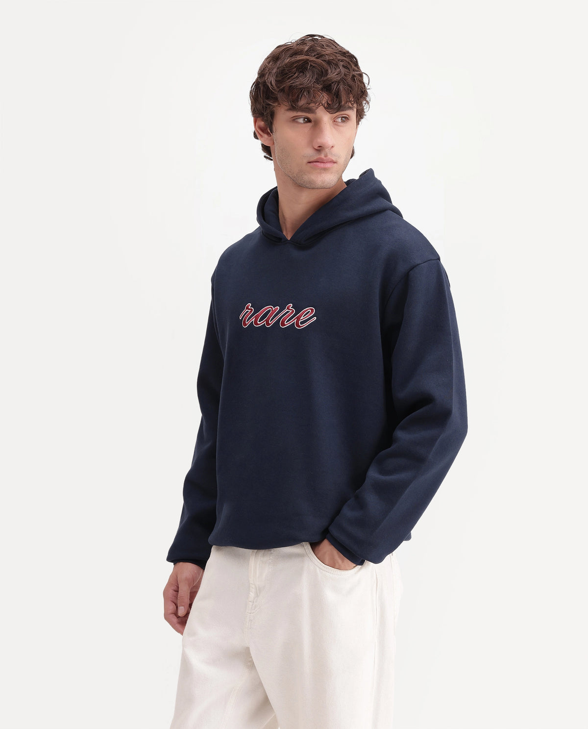 Rare Rabbit Men's Kiay Primary Navy Cotton Blend Hooded Regular Embroidered Sweatshirt
