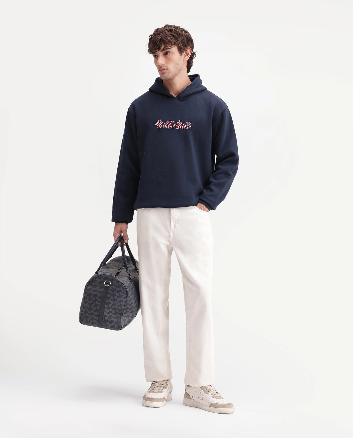 Rare Rabbit Men's Kiay Primary Navy Cotton Blend Hooded Regular Embroidered Sweatshirt