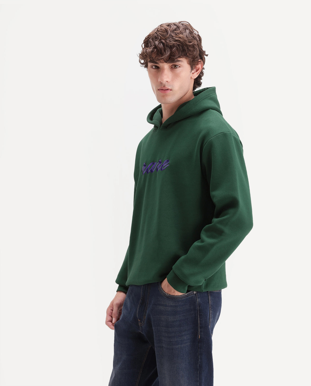 Rare Rabbit Men's Kiay Dark Green Cotton Blend Hooded Regular Embroidered Sweatshirt