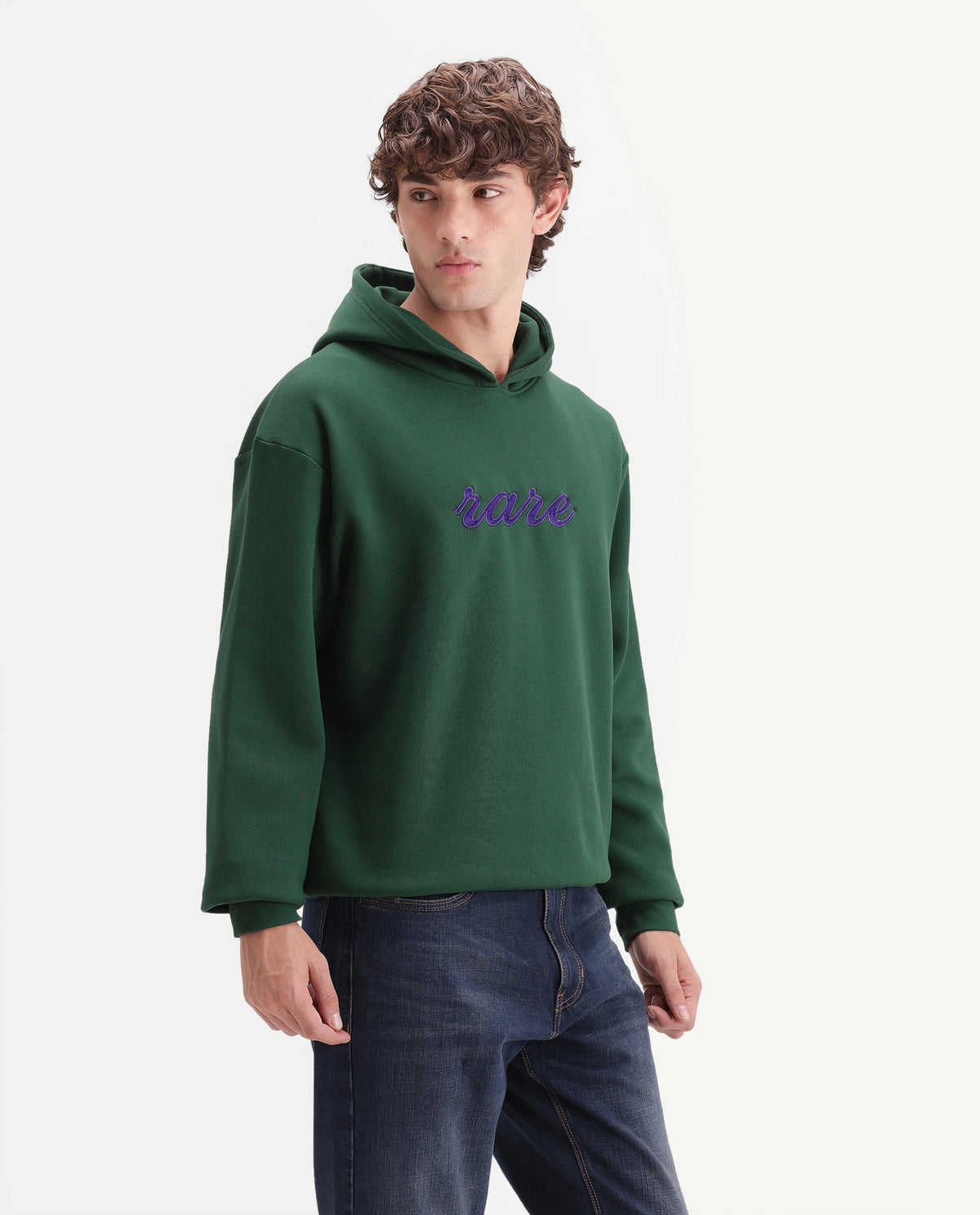 Rare Rabbit Men's Kiay Dark Green Cotton Blend Hooded Regular Embroidered Sweatshirt
