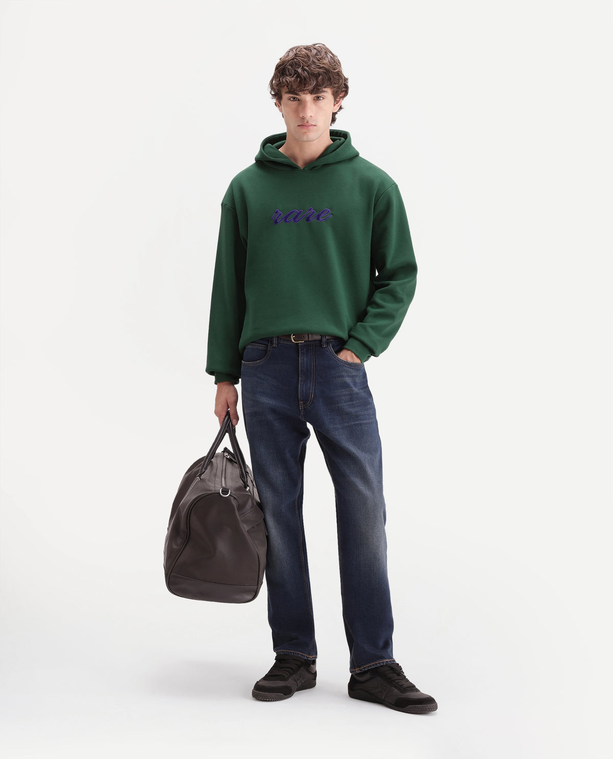 Rare Rabbit Men's Kiay Dark Green Cotton Blend Hooded Regular Embroidered Sweatshirt
