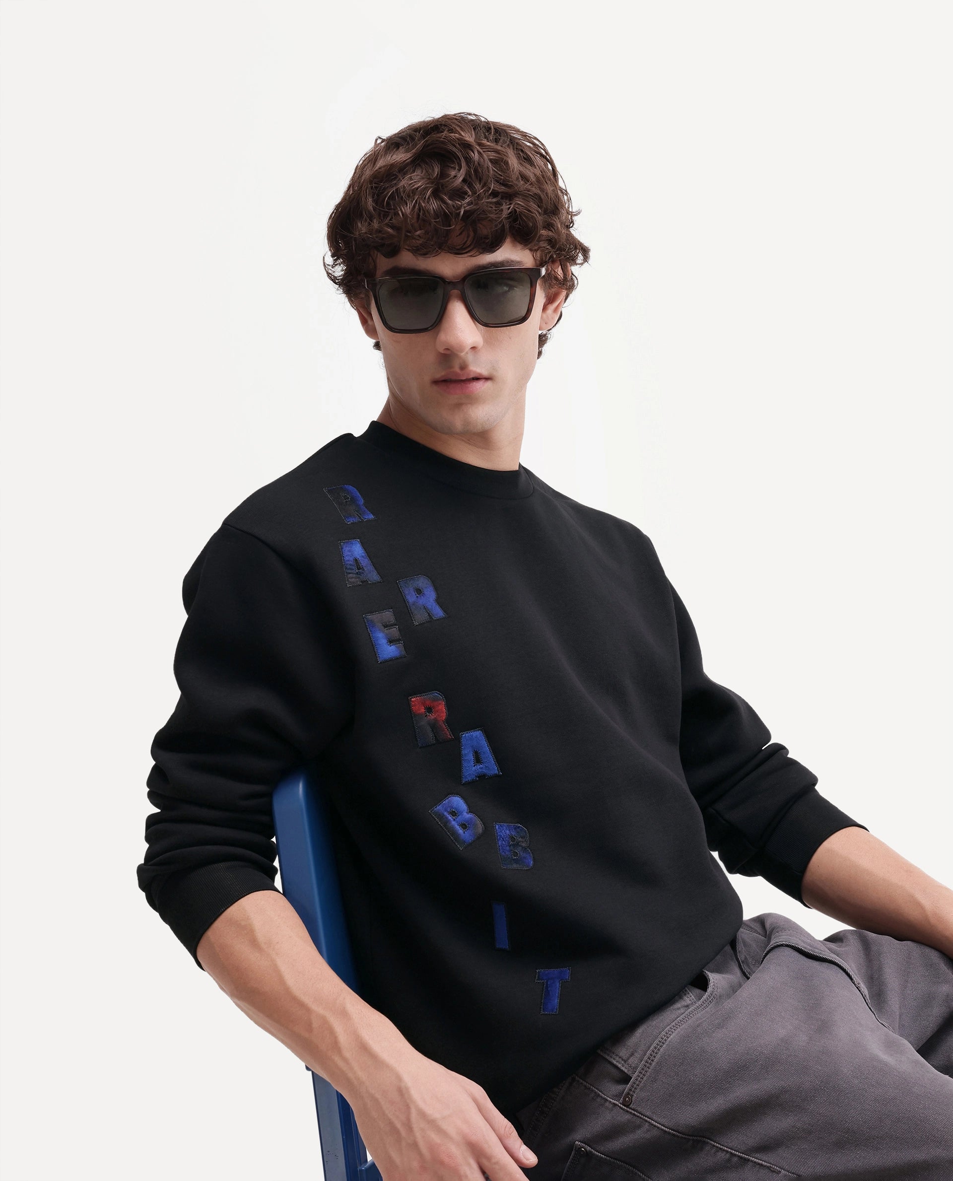 Rare Rabbit Men's Ideo Primary Black Cotton Blend Crew Neck Regular Graphic Print Sweatshirt