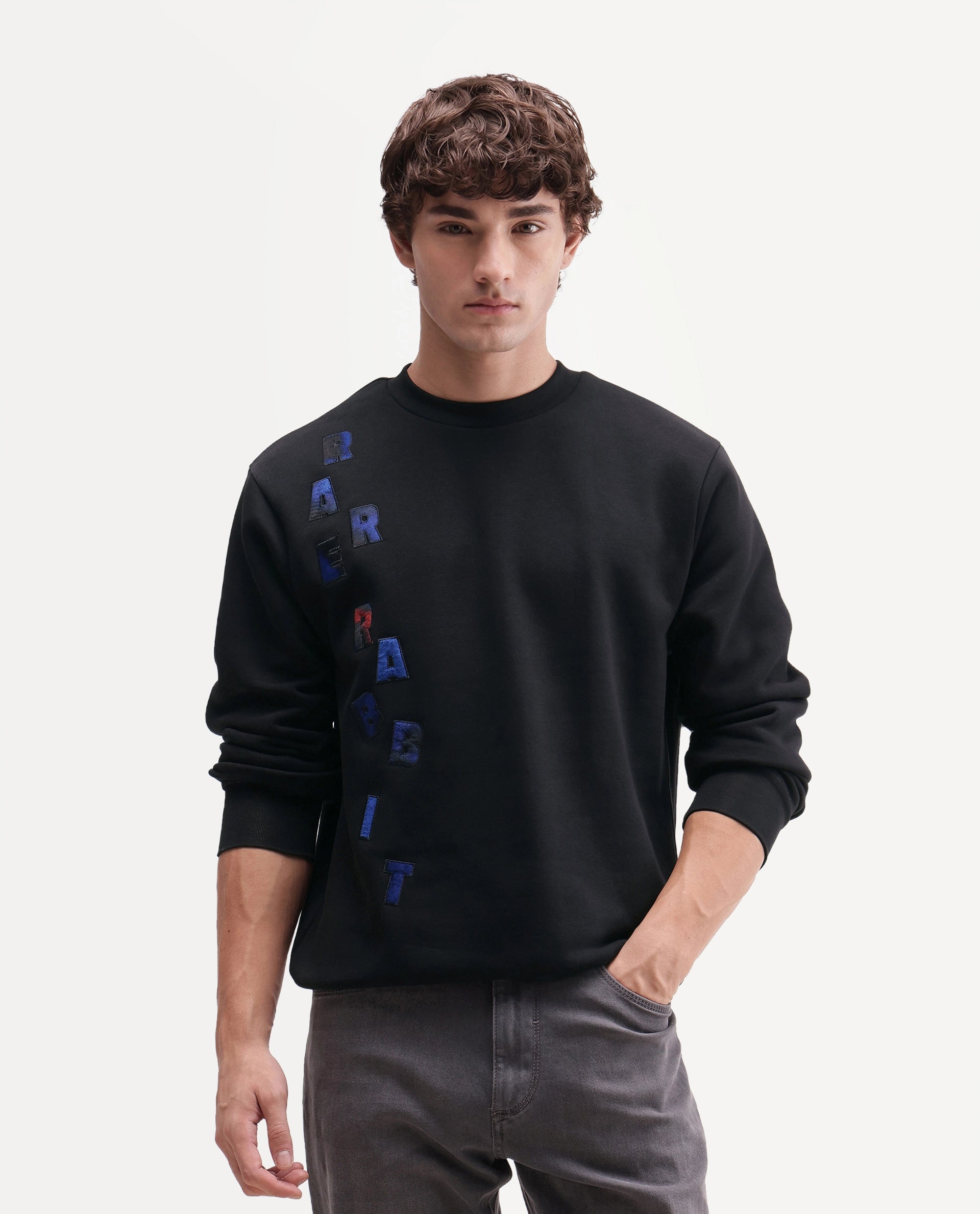 Rare Rabbit Men's Ideo Primary Black Cotton Blend Crew Neck Regular Graphic Print Sweatshirt