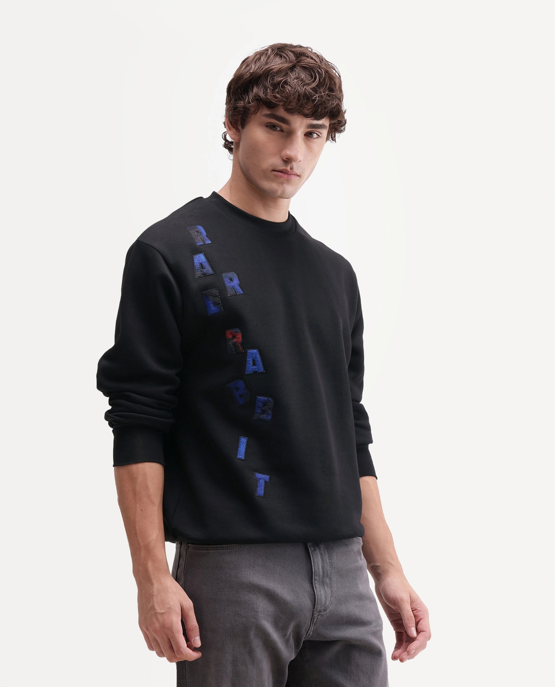 Rare Rabbit Men's Ideo Primary Black Cotton Blend Crew Neck Regular Graphic Print Sweatshirt