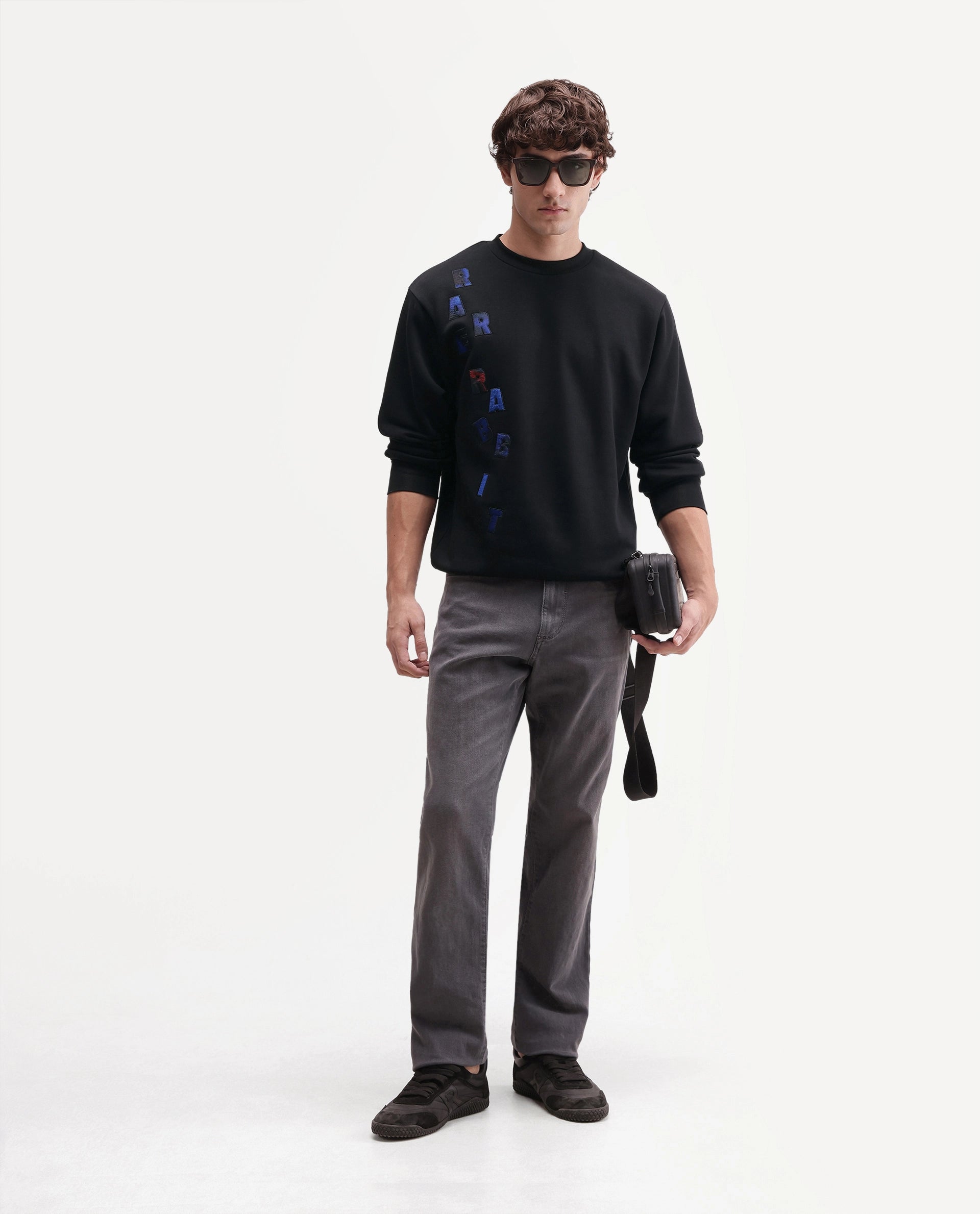 Rare Rabbit Men's Ideo Primary Black Cotton Blend Crew Neck Regular Graphic Print Sweatshirt