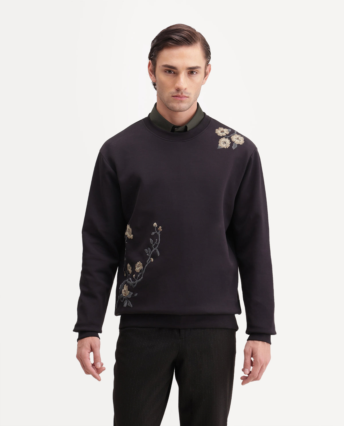 Rare Rabbit Men's Floa Primary Black Cotton Blend Crew Neck Regular Embroidered Sweatshirt