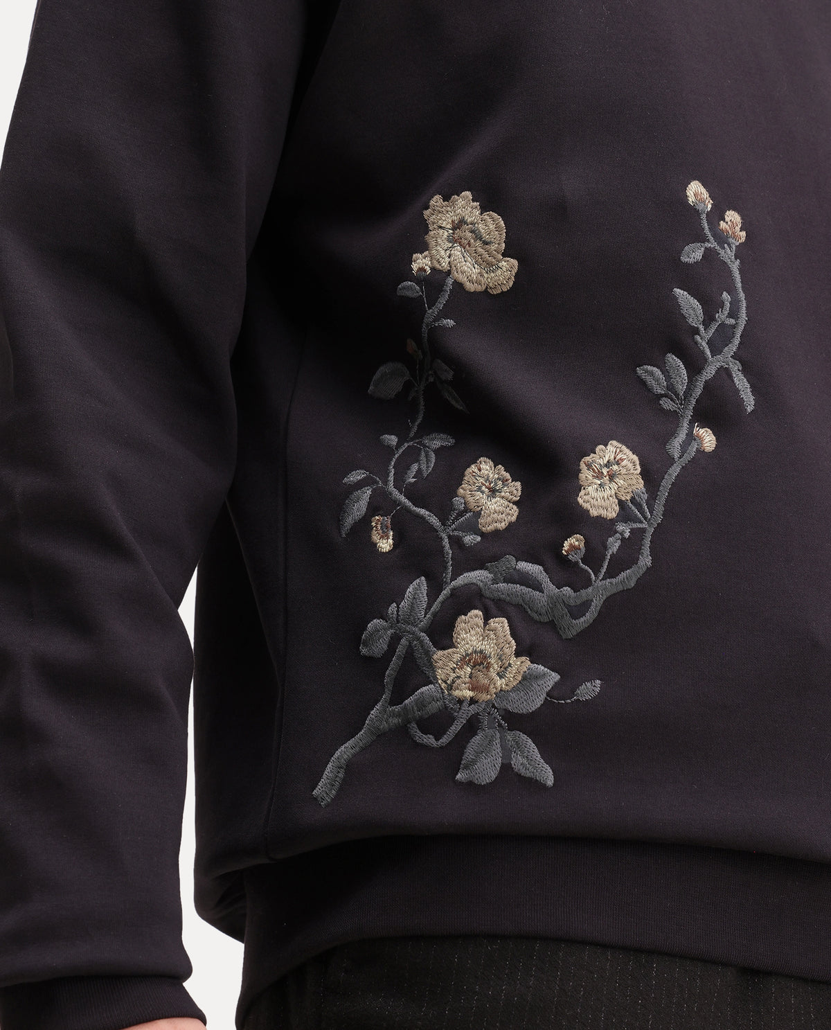 Rare Rabbit Men's Floa Primary Black Cotton Blend Crew Neck Regular Embroidered Sweatshirt