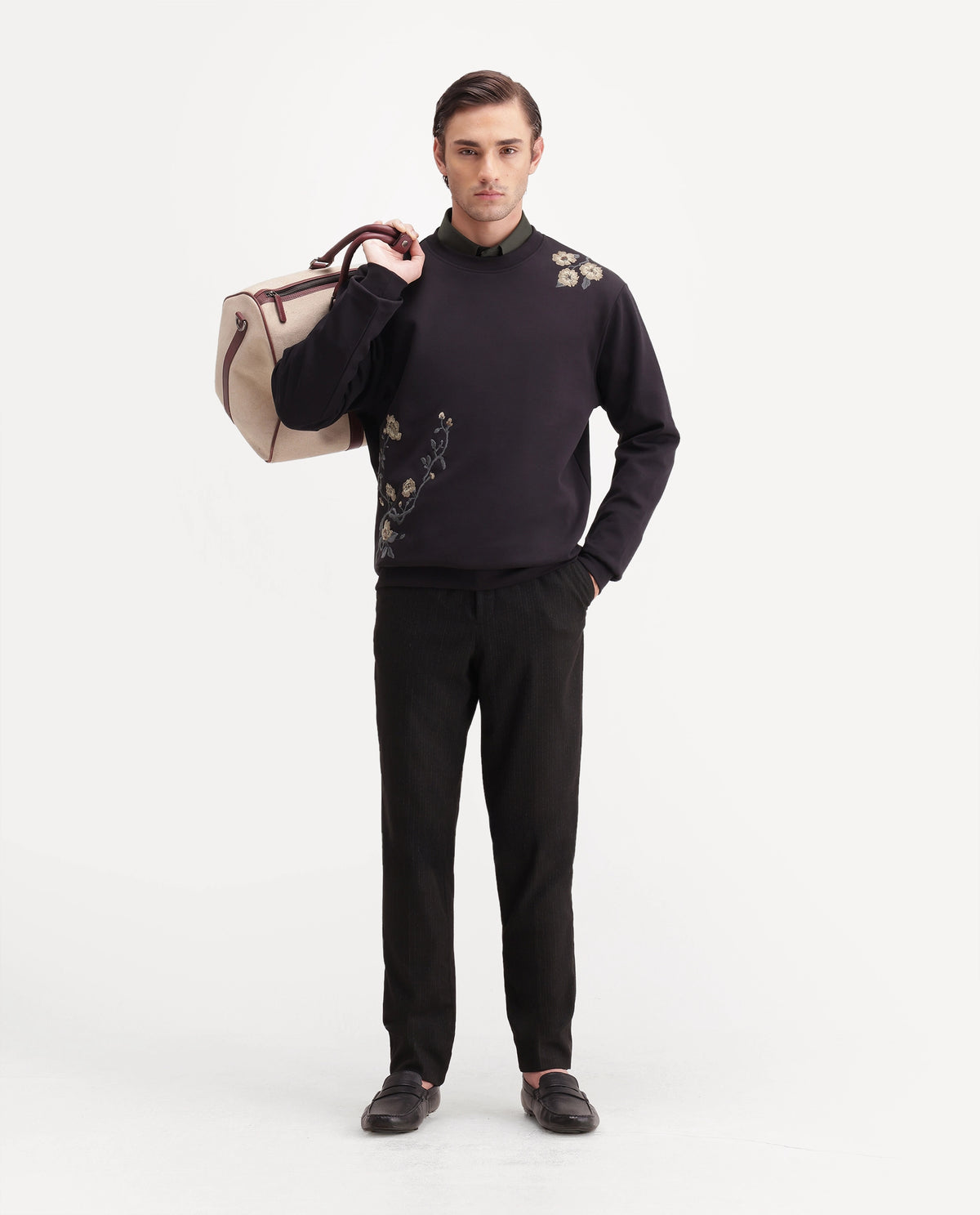 Rare Rabbit Men's Floa Primary Black Cotton Blend Crew Neck Regular Embroidered Sweatshirt