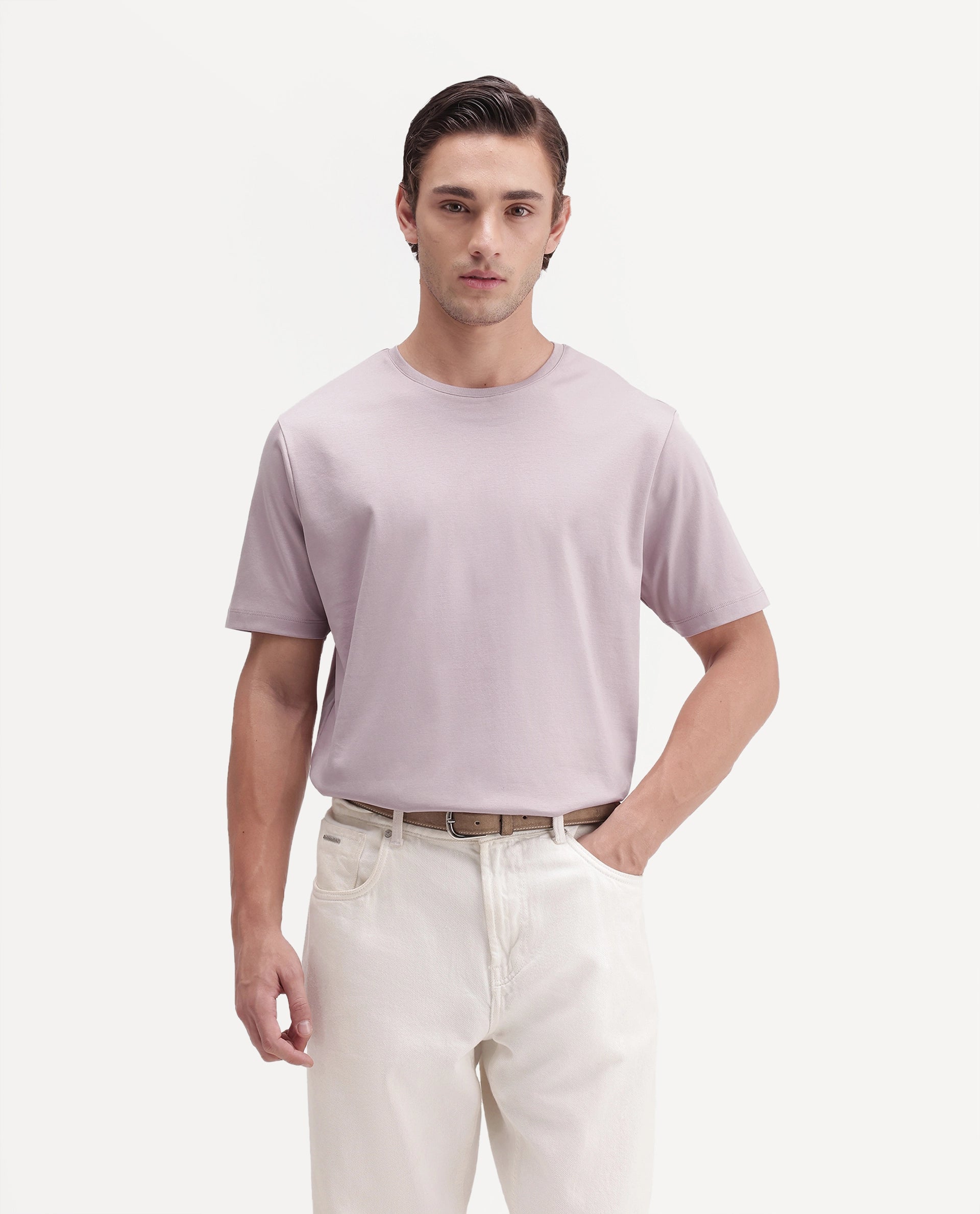 Rare Rabbit Men's Gist Light Pink Cotton Crew Neck Regular Plain T-Shirt