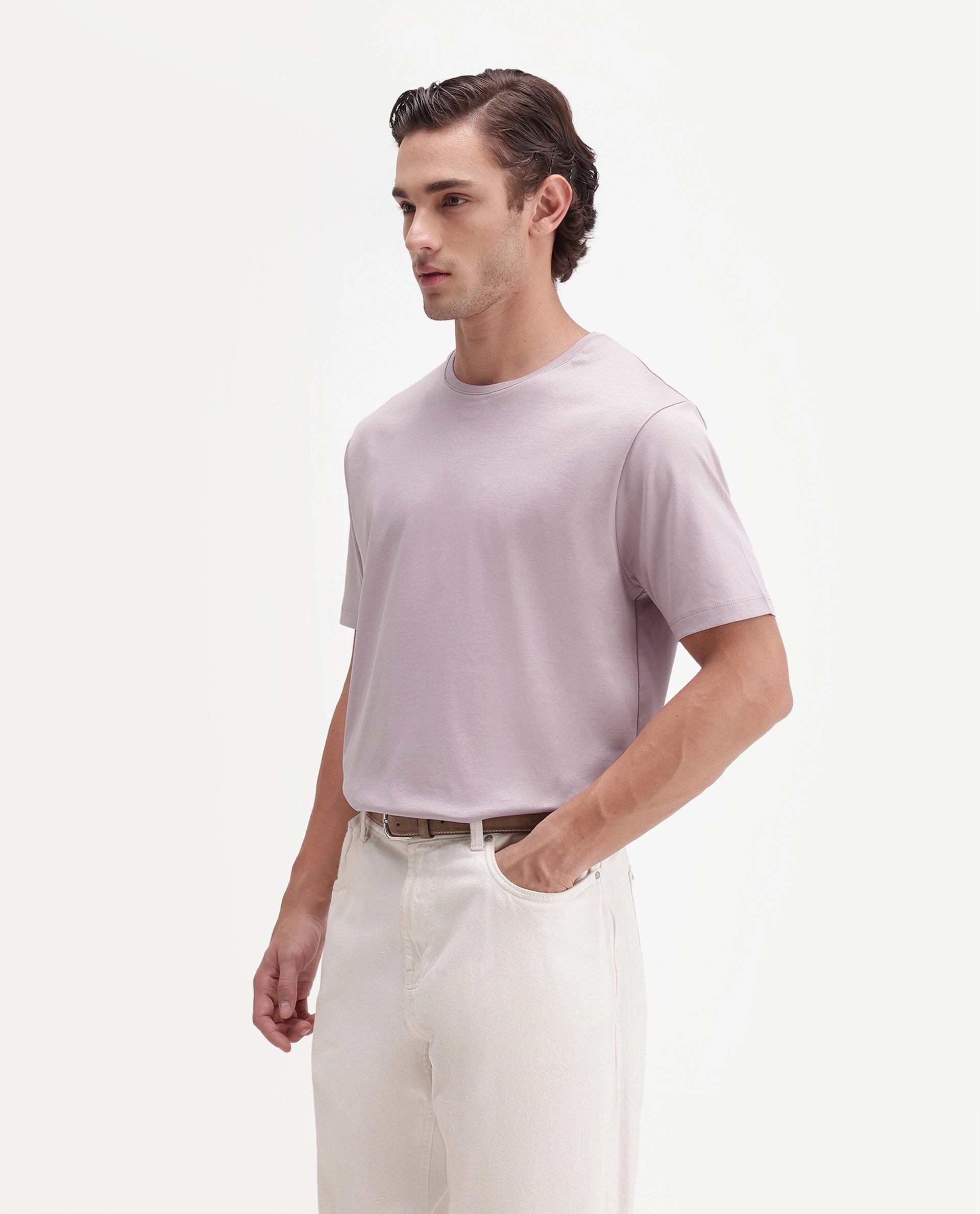 Rare Rabbit Men's Gist Light Pink Cotton Crew Neck Regular Plain T-Shirt
