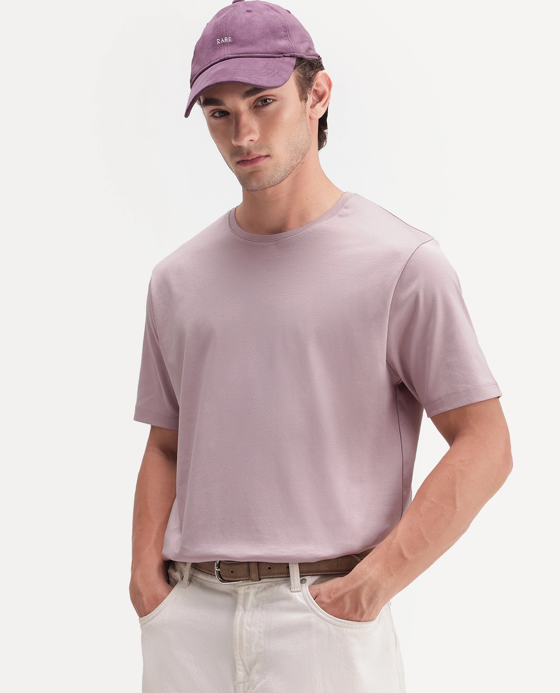 Rare Rabbit Men's Gist Light Pink Cotton Crew Neck Regular Plain T-Shirt