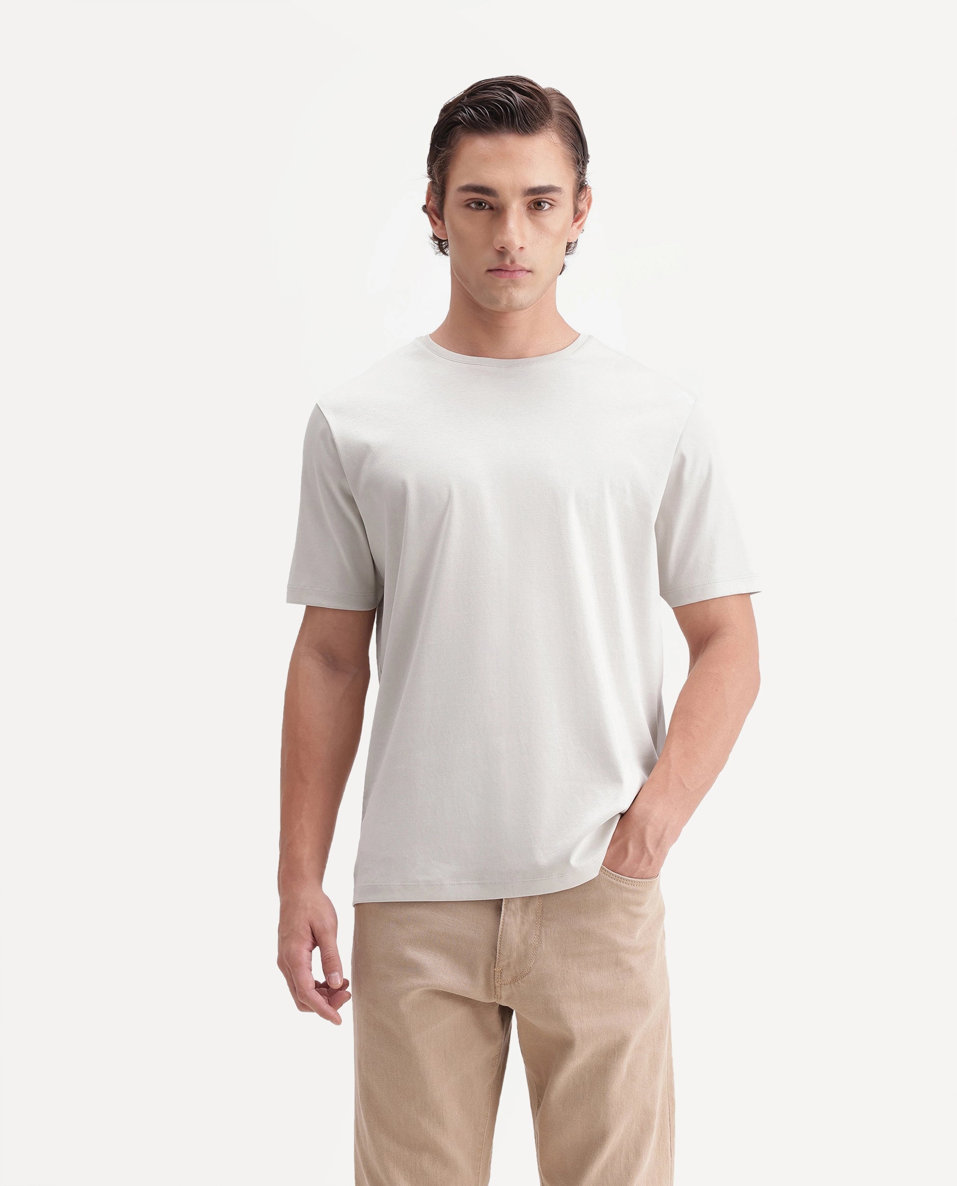 Rare Rabbit Men's Gist Light Beige Cotton Crew Neck Regular Plain T-Shirt