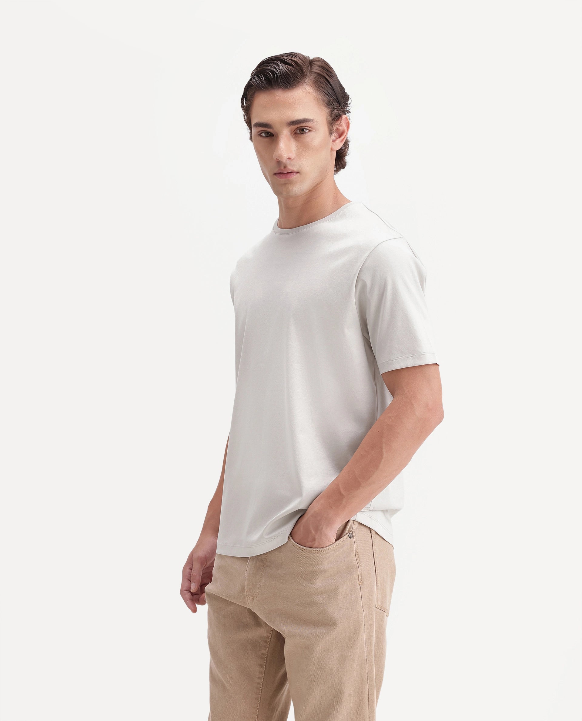 Rare Rabbit Men's Gist Light Beige Cotton Crew Neck Regular Plain T-Shirt