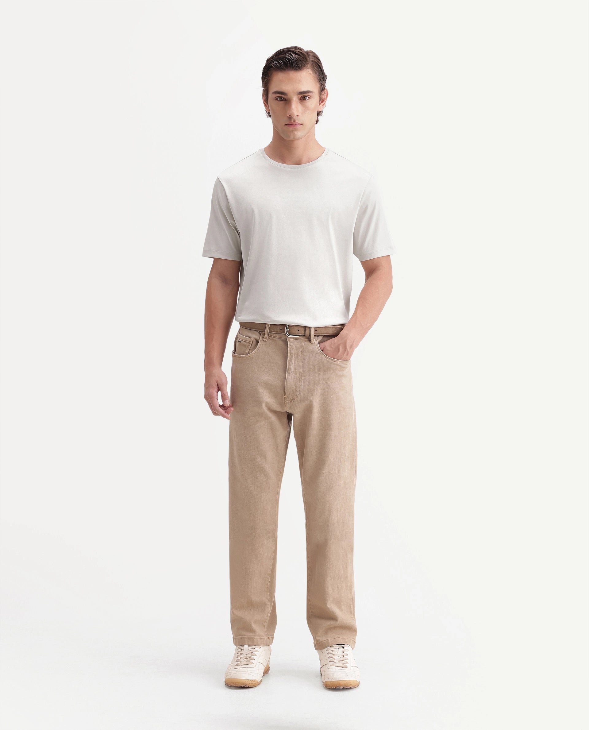 Rare Rabbit Men's Gist Light Beige Cotton Crew Neck Regular Plain T-Shirt