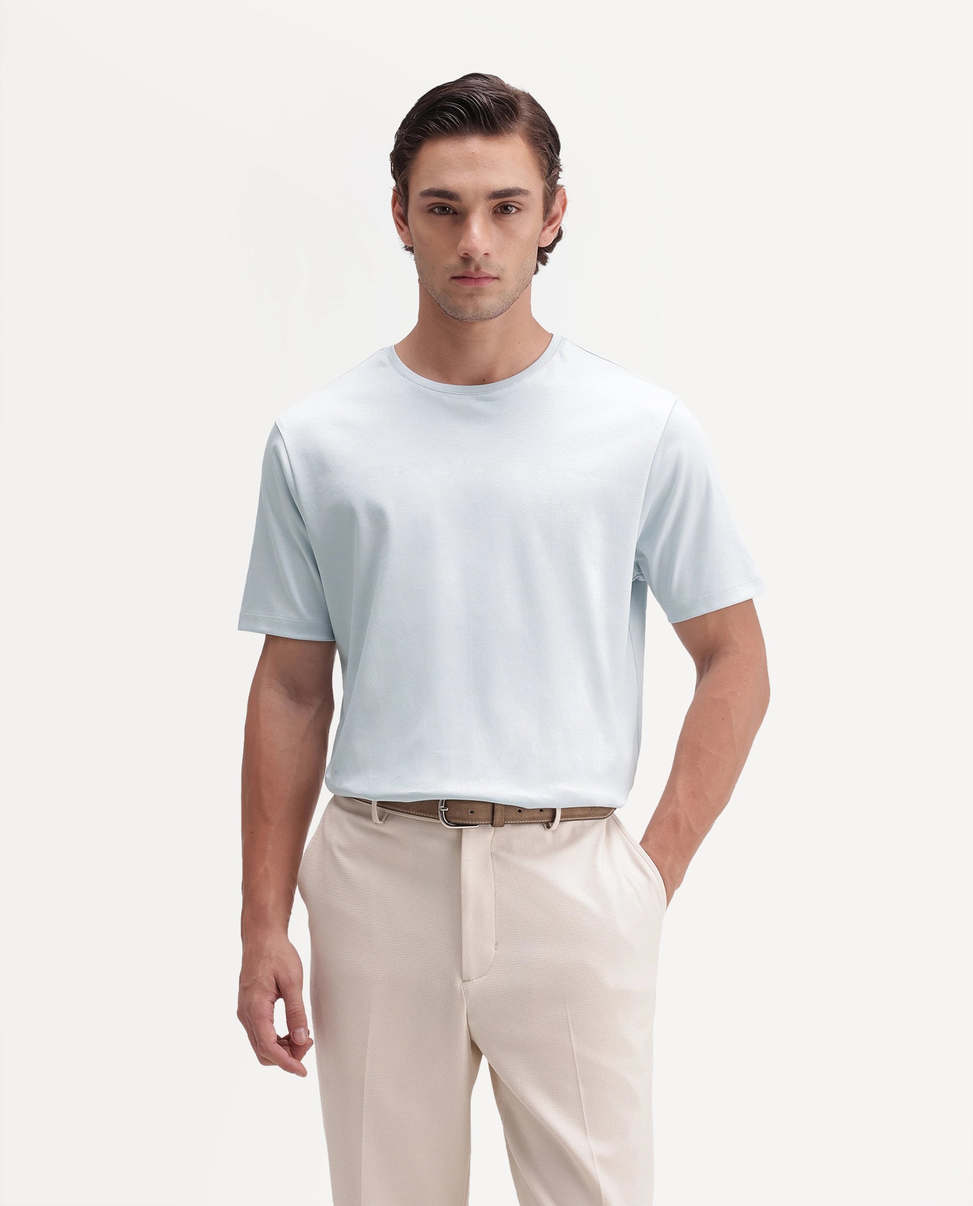Rare Rabbit Men's Gist Light Blue Cotton Crew Neck Regular Plain T-Shirt