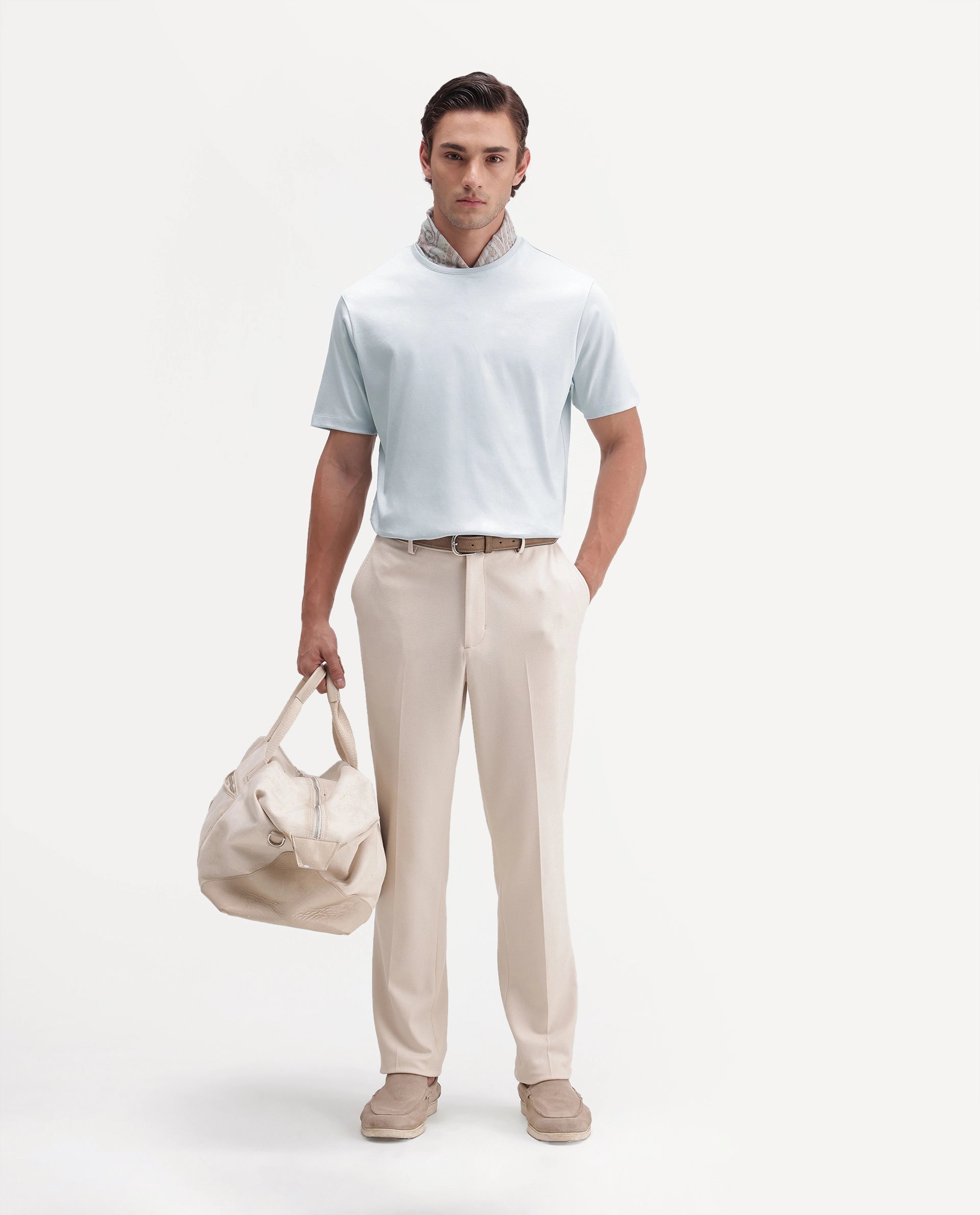 Rare Rabbit Men's Gist Light Blue Cotton Crew Neck Regular Plain T-Shirt