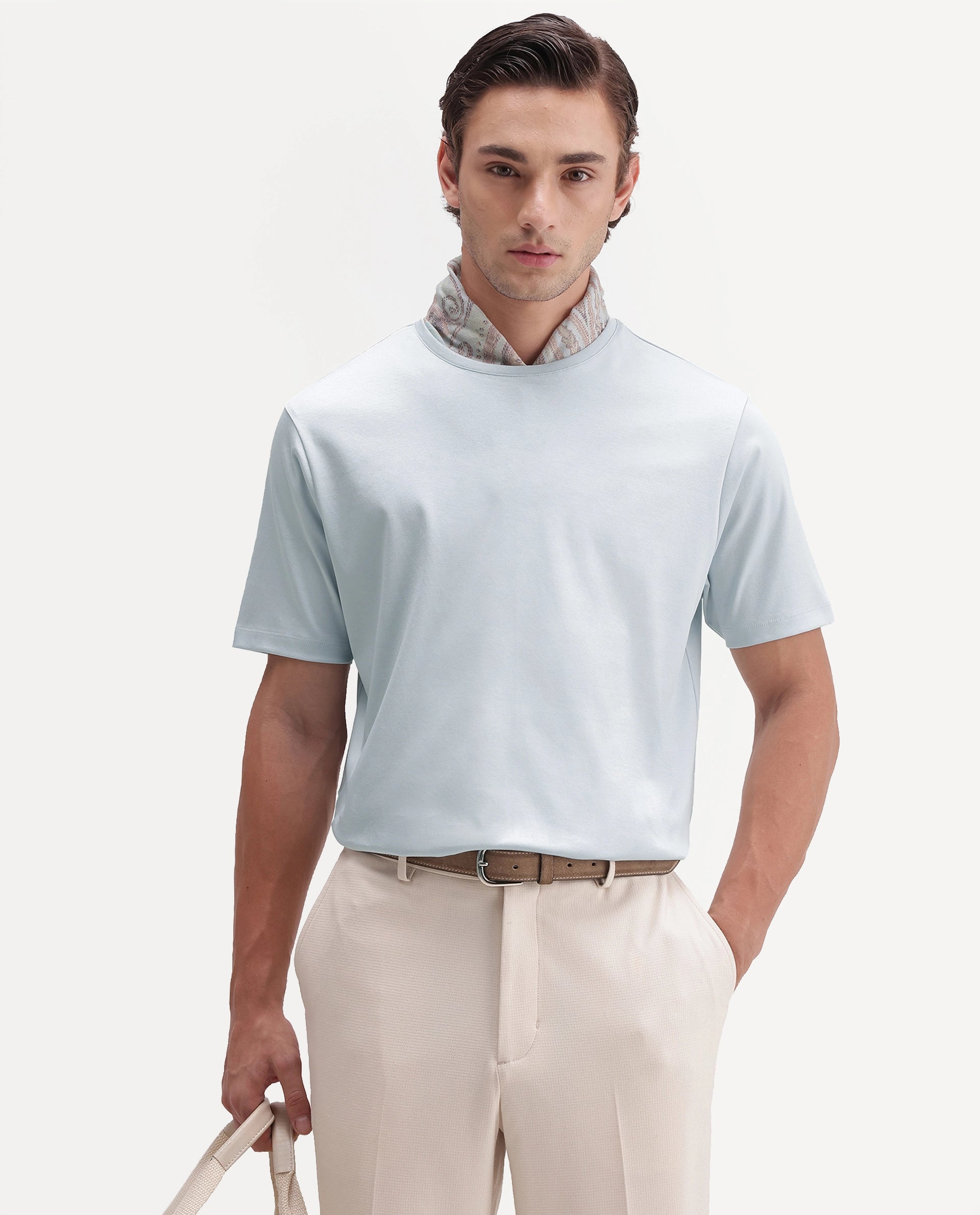 Rare Rabbit Men's Gist Light Blue Cotton Crew Neck Regular Plain T-Shirt