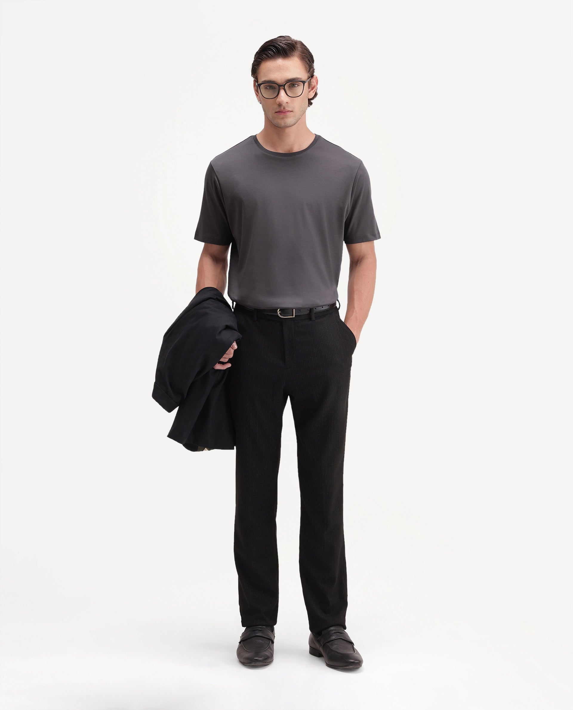 Rare Rabbit Men's Gist Dark Grey Cotton Crew Neck Regular Plain T-Shirt